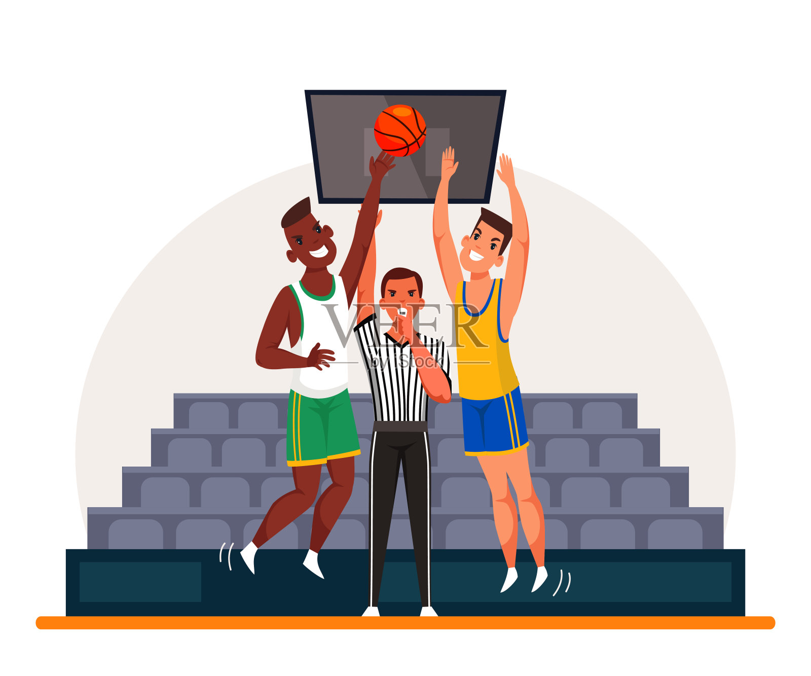 体育裁判站在两名篮球运动员中间插画图片素材