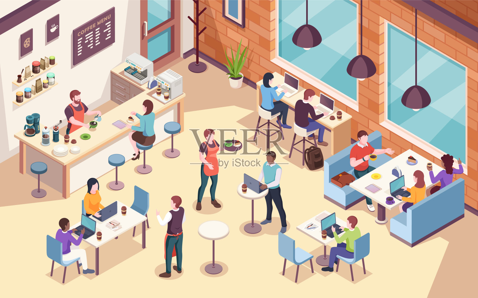 内部视图的人工作和午餐在咖啡馆或自助餐厅，工作或工作咖啡会议。办公室同事餐厅的等距视图。商人和女商人的工作场所插画图片素材