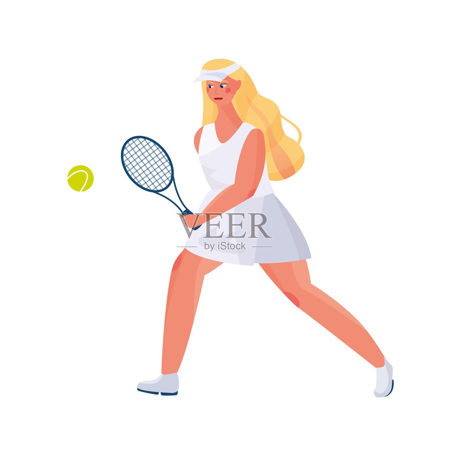 可爱的女孩长头发穿着运动服在白色的背景上打网球，手里拿着球拍和网球。设计元素图片