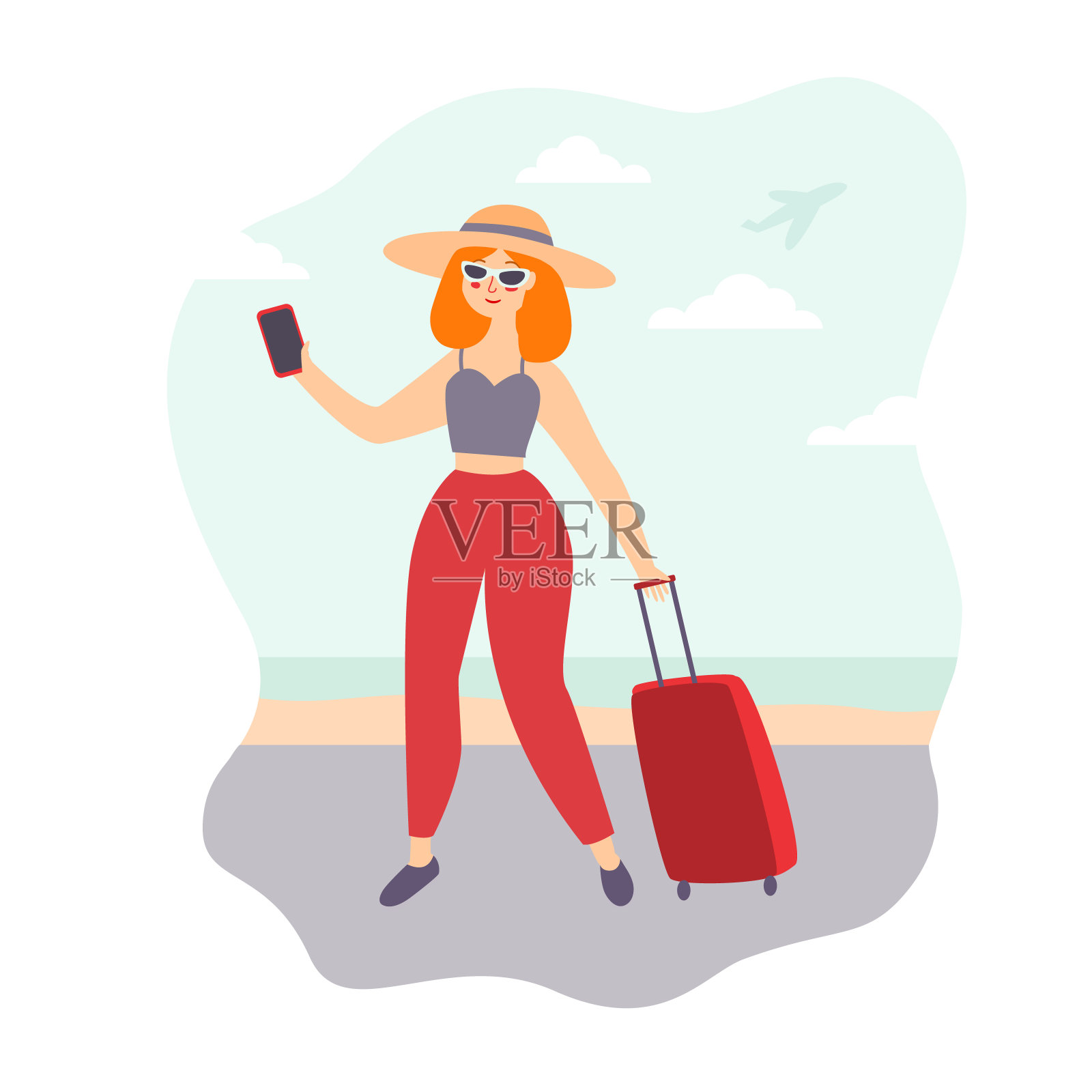 一个年轻的女孩，一个红头发的博主在度假时，沿着海边走着一个带轮子的袋子插画图片素材