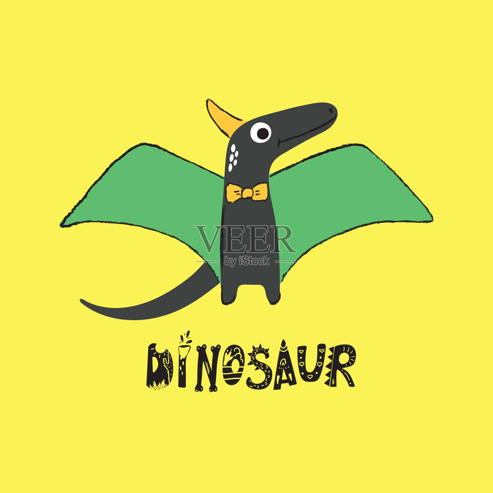 插图的一个可爱的恐龙与角和翅膀在黄色的背景插画图片素材