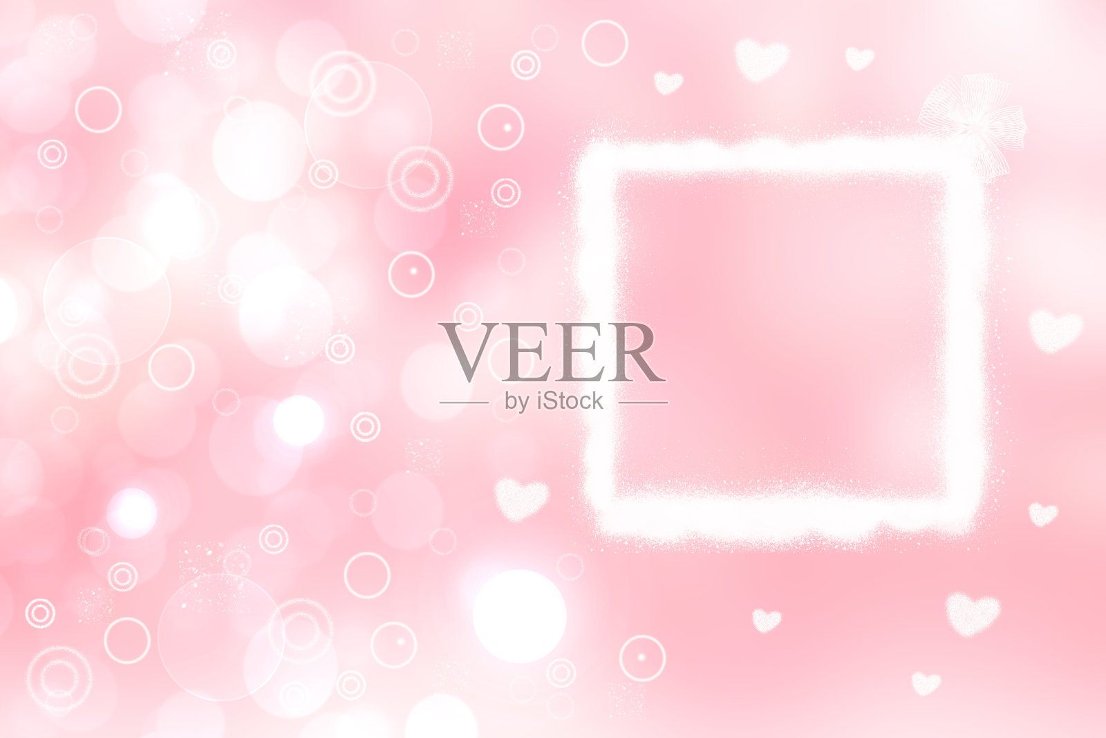 抽象的节日模糊亮粉色粉彩背景与框架和白色粉色心散景为情人节或婚礼贺卡。空间设计。卡的概念。照片摄影图片