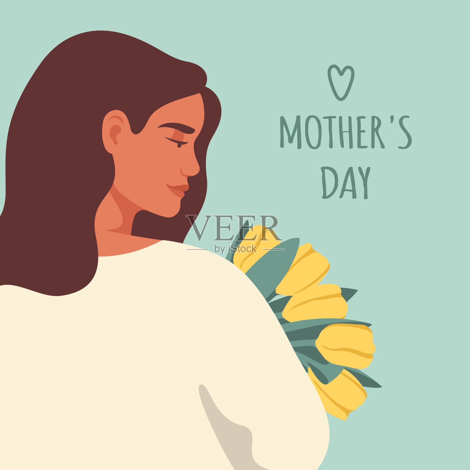 母亲节贺卡与美女手持一束黄色郁金香。插画图片素材
