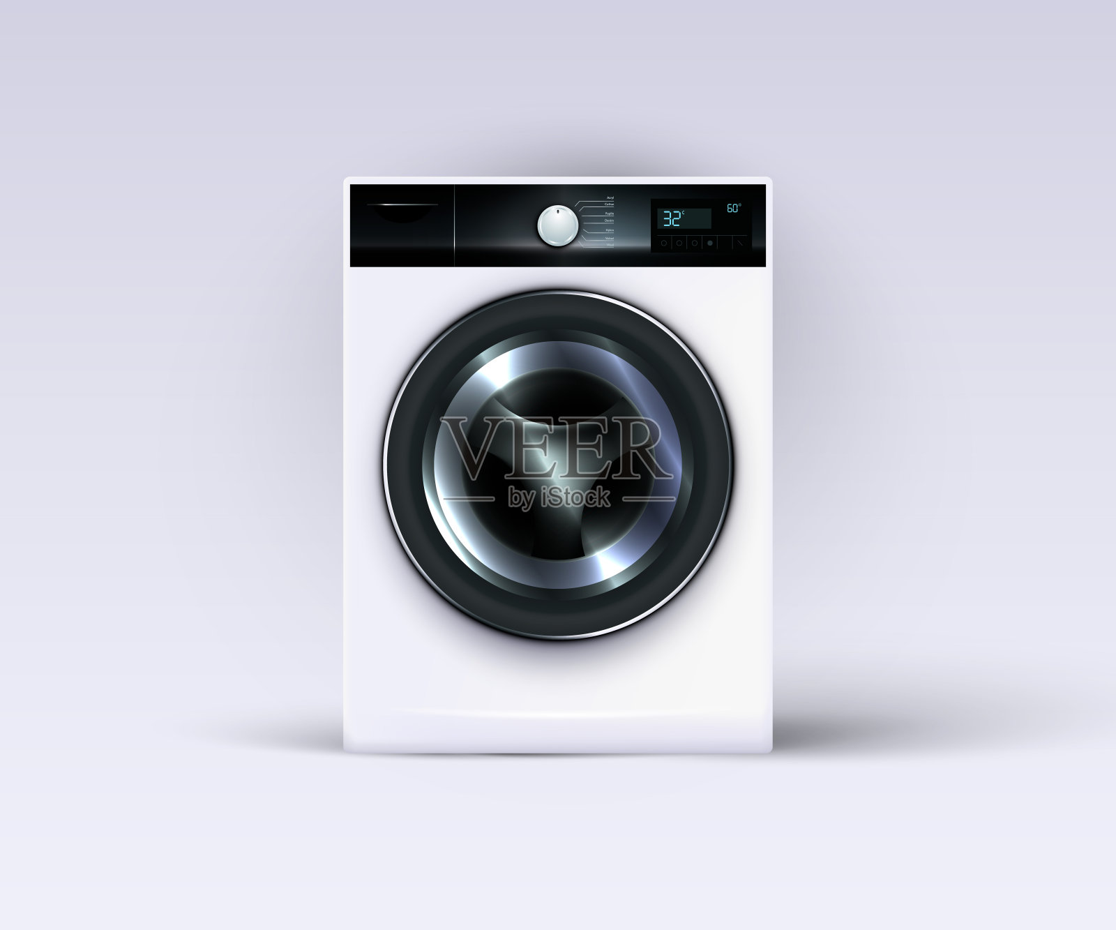 逼真的3d现代洗衣机孤立。高细节洗衣机与阴影，灯光辉光效果。插画图片素材