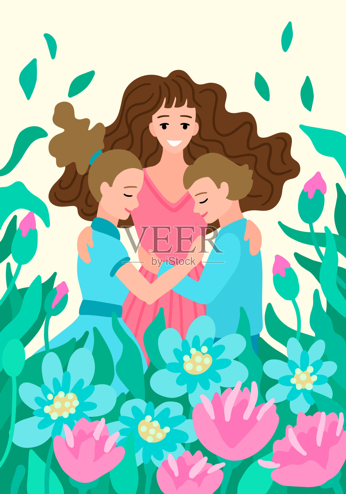母亲拥抱女儿和儿子。鲜花。春天的矢量图插画图片素材