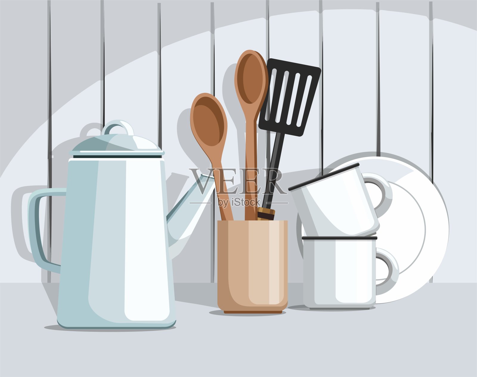 简单质朴的厨房用具，以复古的木制背景为背景。厨房的静物画。插画图片素材
