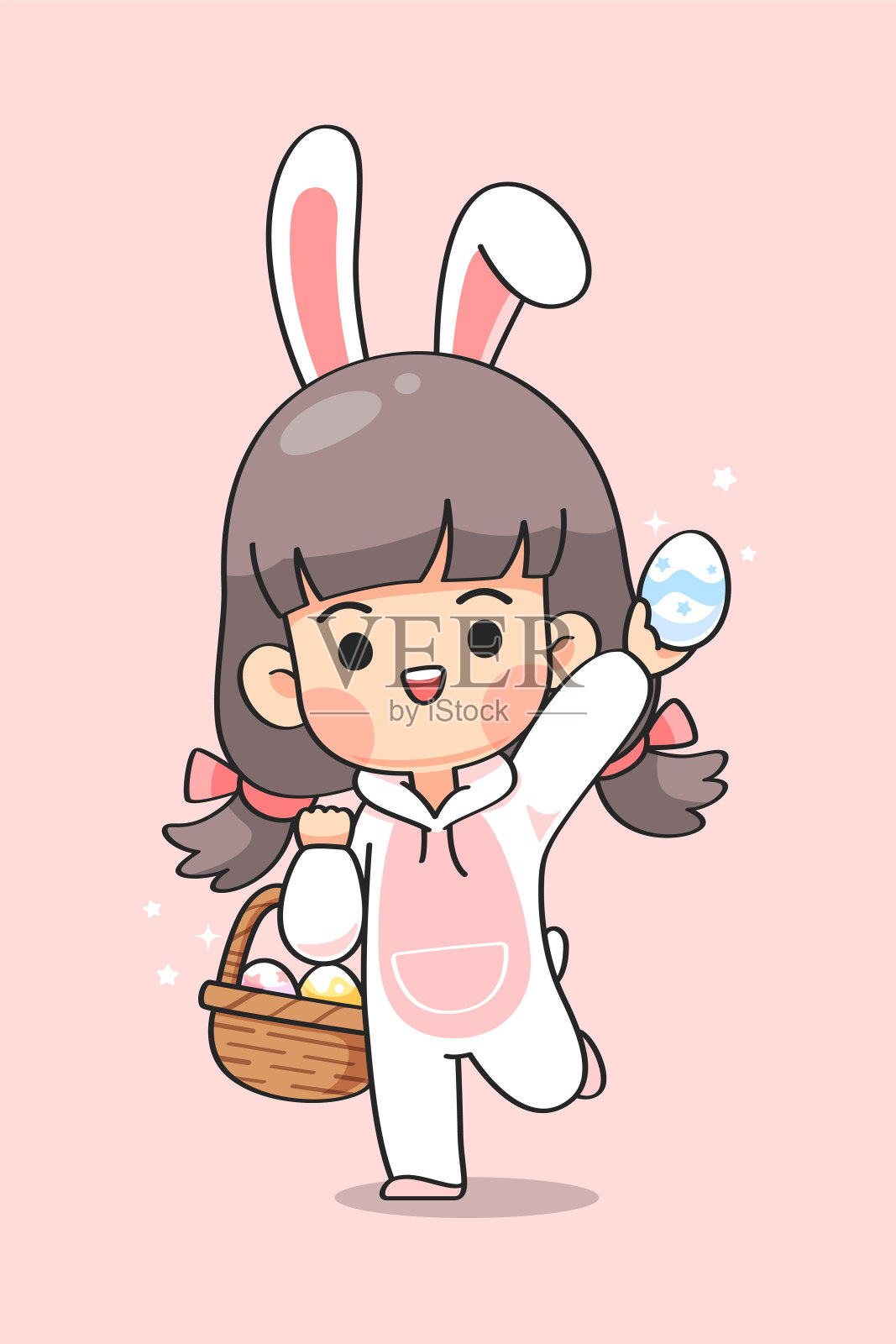 可爱的小女孩穿着兔子装，戴着兔子耳朵，提着装满复活节彩蛋的篮子插画图片素材