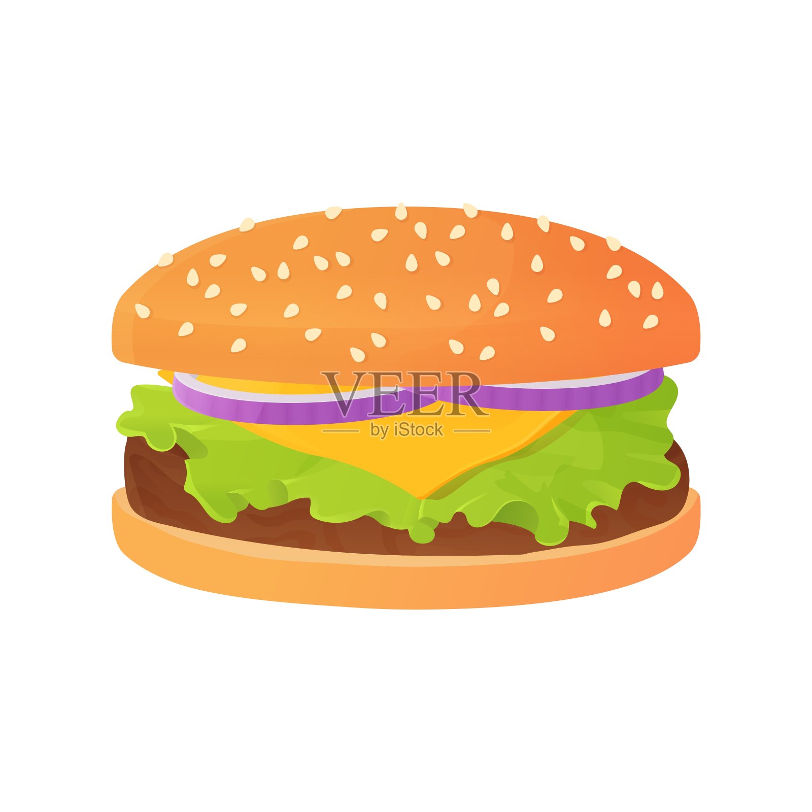 美味的卡通洋葱芝士汉堡，沙拉或生菜，牛排和芝麻小面包。快餐的概念。不健康的午餐。股票矢量插图孤立在白色背景在平面风格。设计元素图片