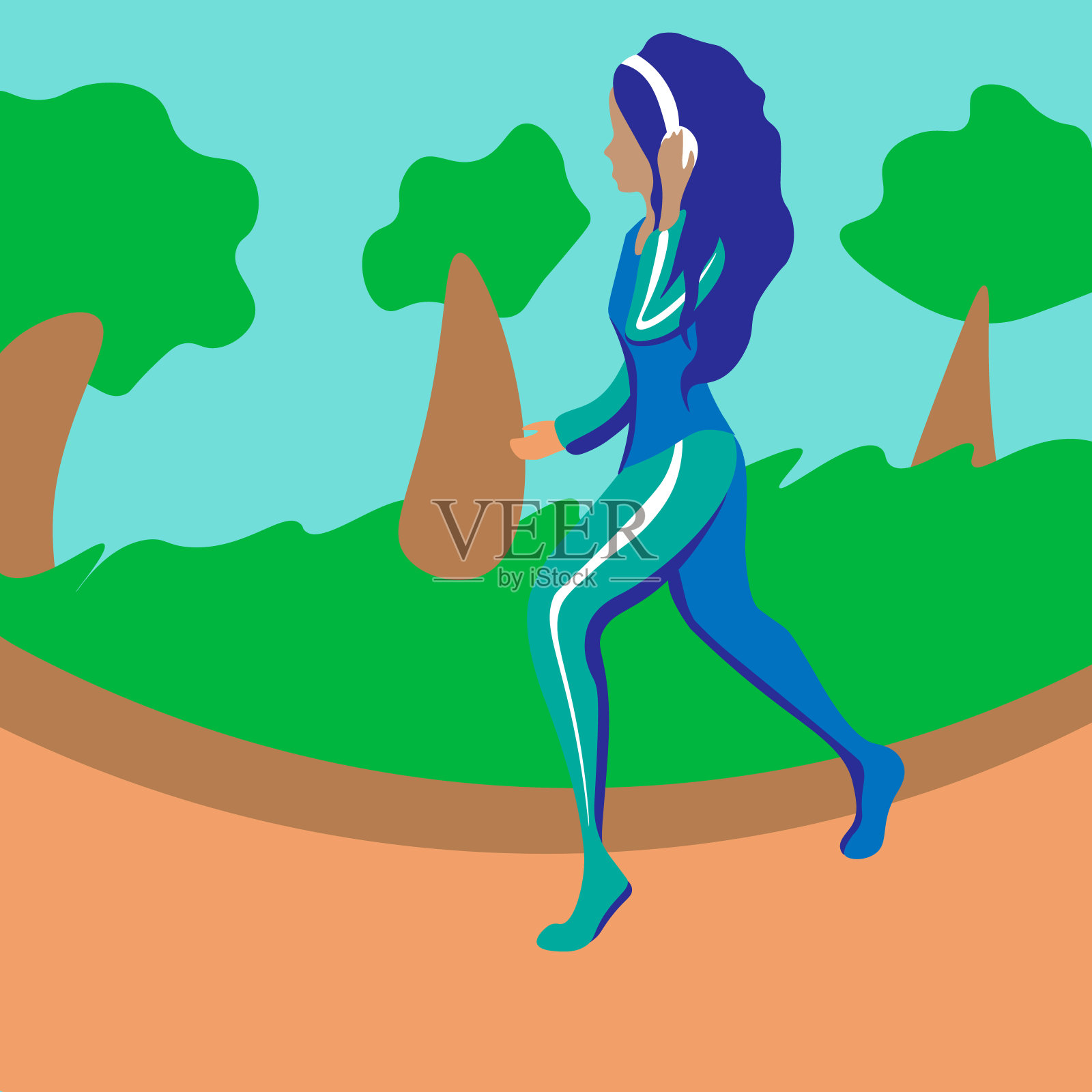 戴着耳机的卡通女人在公园里慢跑插画图片素材