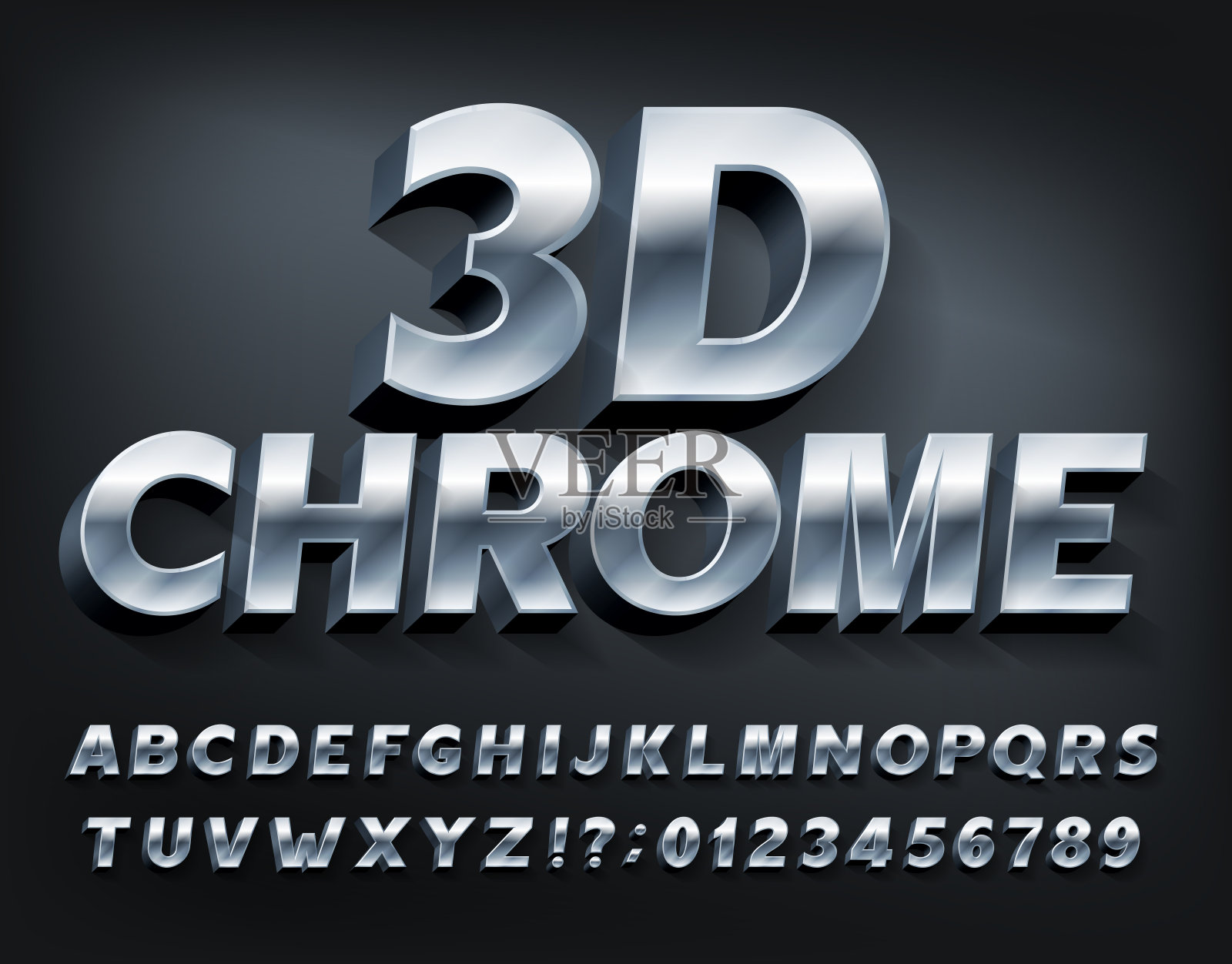 3D Chrome字母字体。带有阴影的金属字母和数字。插画图片素材