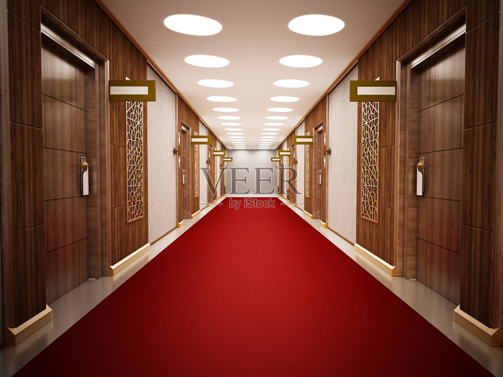 酒店房间的门通向铺着红地毯的走廊照片摄影图片
