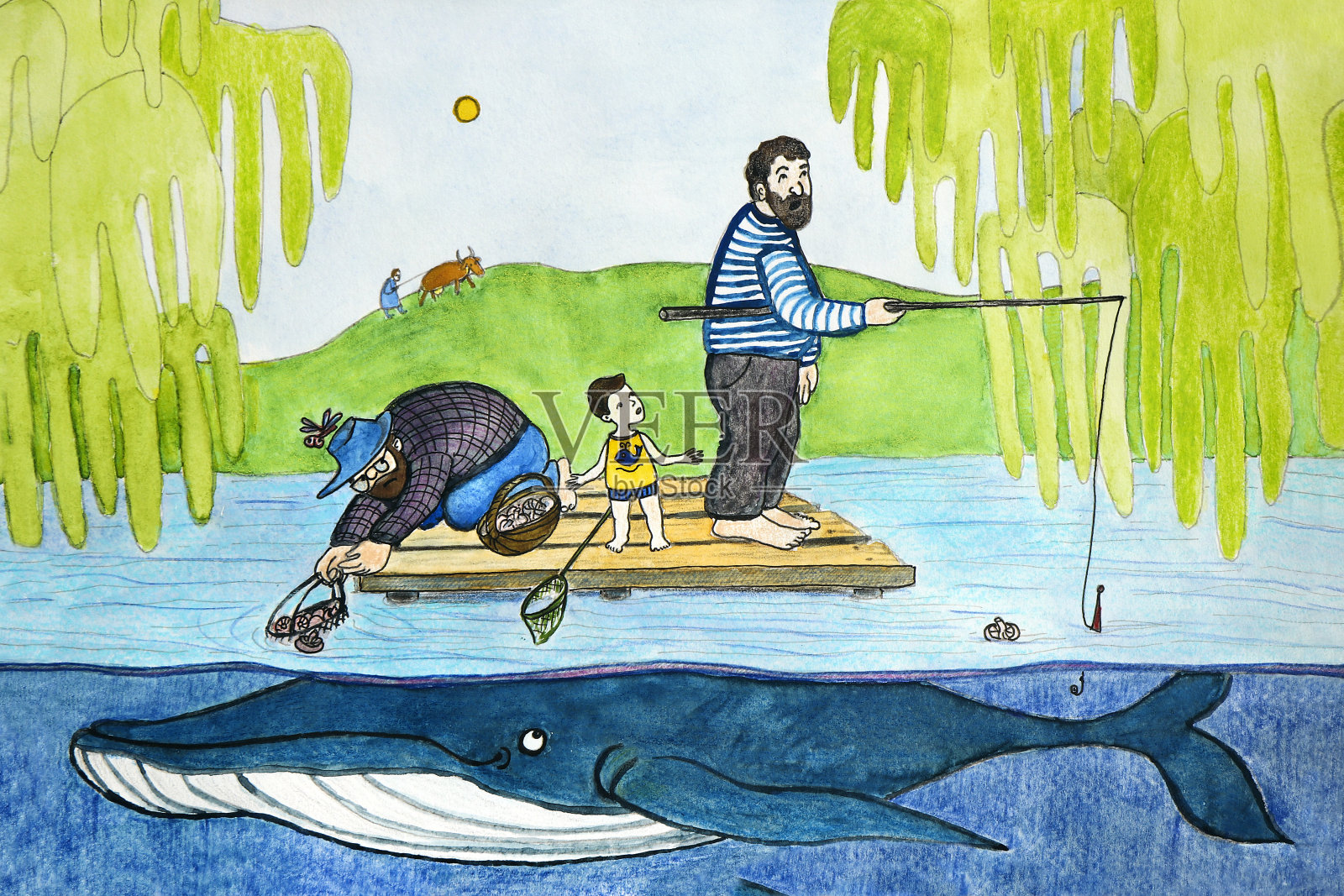 祖父、父亲和儿子的家庭成员一起在木筏上钓鱼插画图片素材