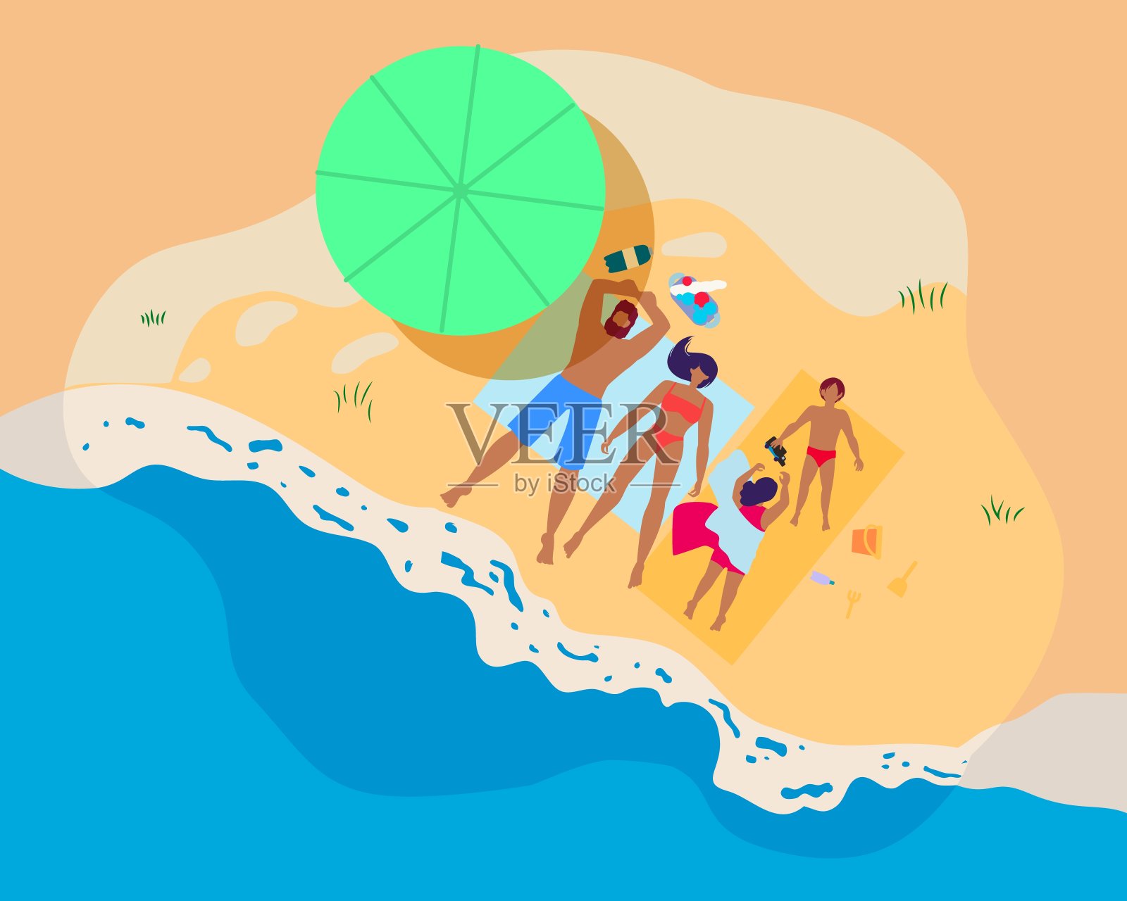 快乐家庭在海滩上放松暑假插画图片素材
