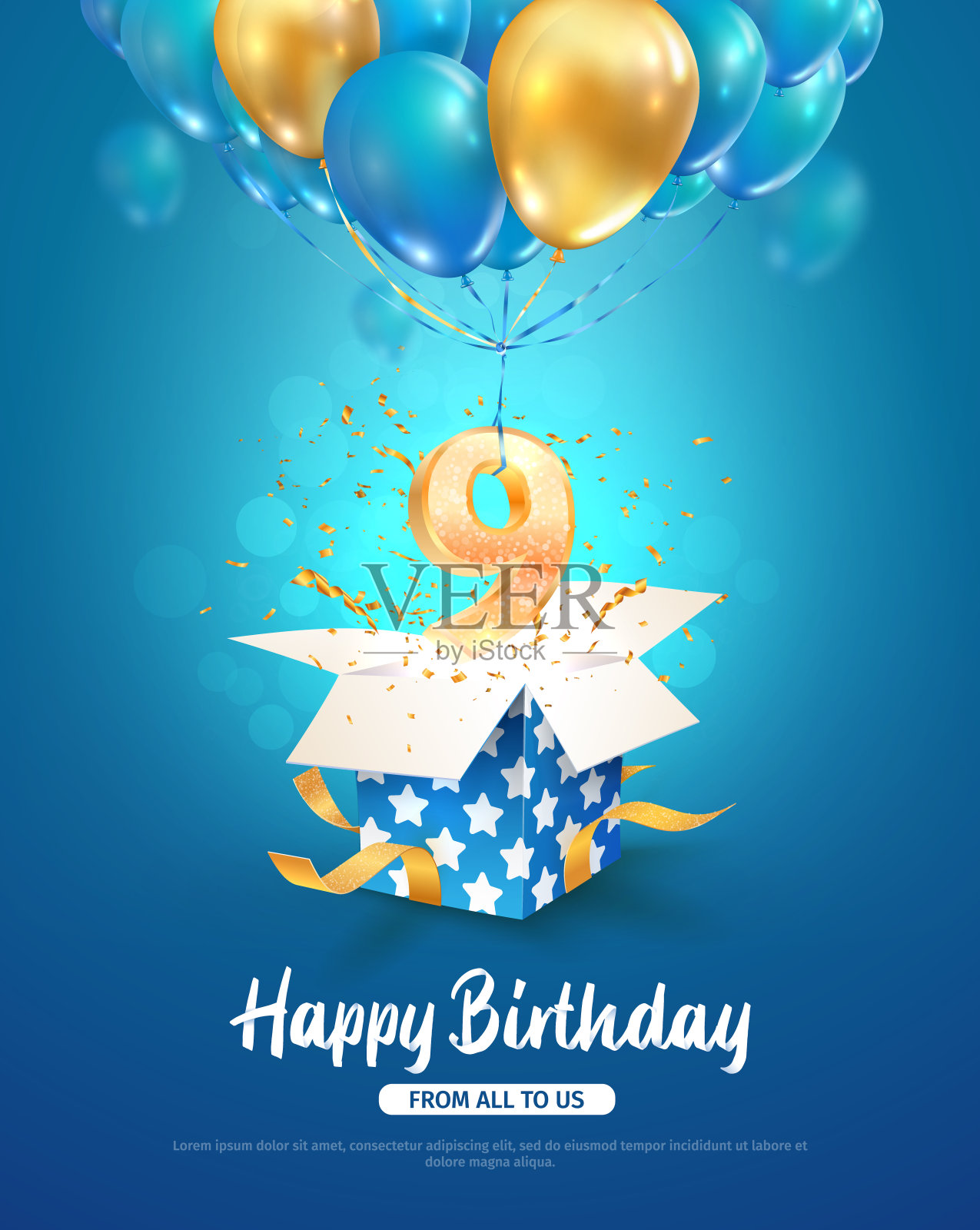 庆祝9岁生日矢量3d插图。九周年庆典。打开礼盒，九号在蓝色背景的气球上飞行设计模板素材