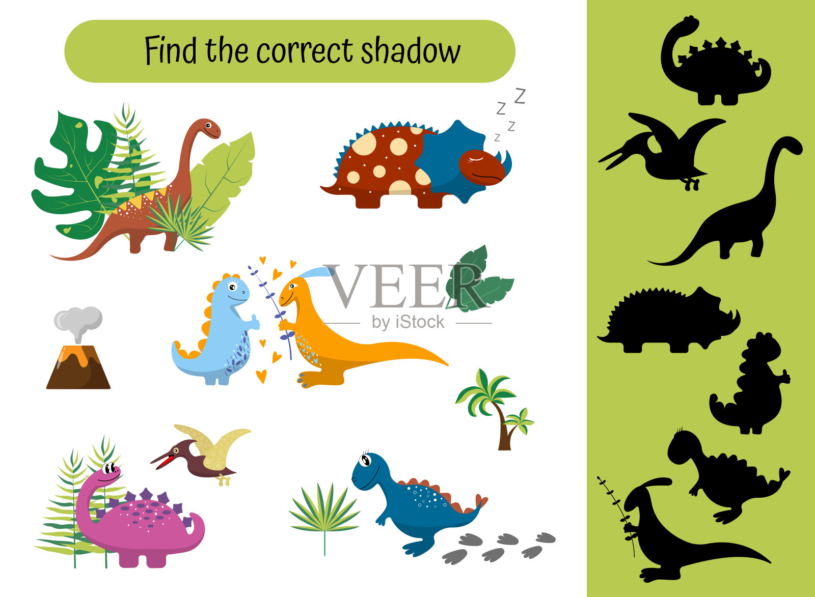 找到正确的恐龙影子。游戏为儿童，学龄前儿童，学步儿童。可爱的卡通恐龙插画图片素材