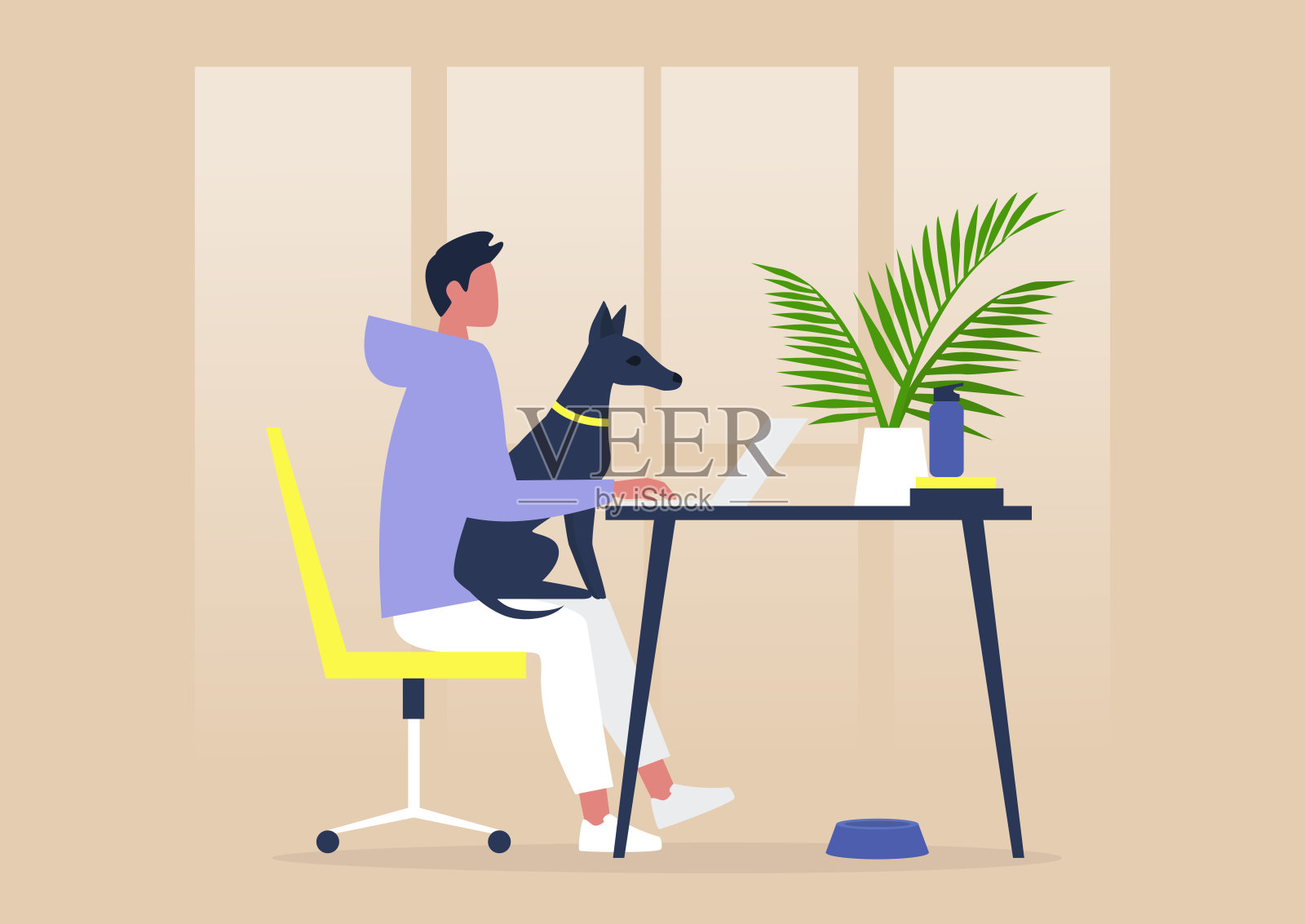 对宠物友好的办公室，年轻的男性角色和一只狗在他们的腿上工作插画图片素材