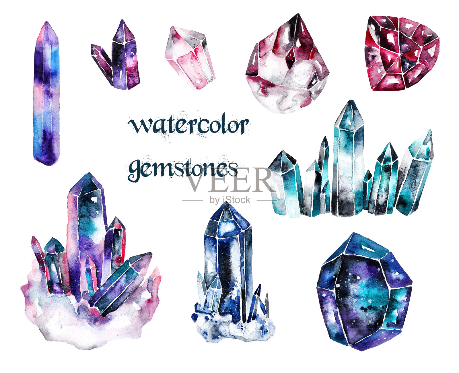 彩色水彩宝石在白色孤立的背景设计元素图片