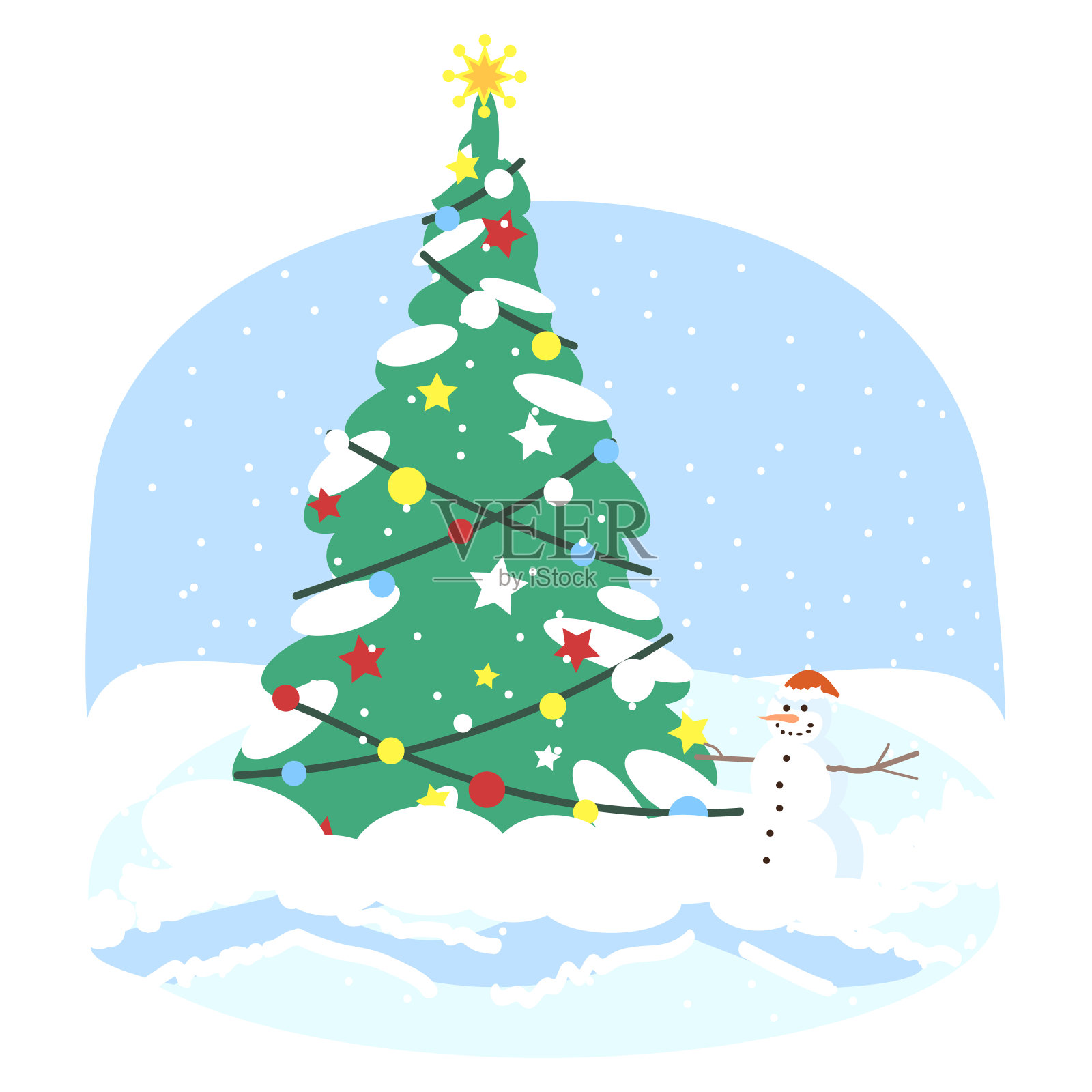 圣诞树平面矢量插图。圣诞冷杉树用雪人和节日彩灯装饰卡通剪报。新年冬季户外装饰。圣诞贺卡设计元素设计元素图片