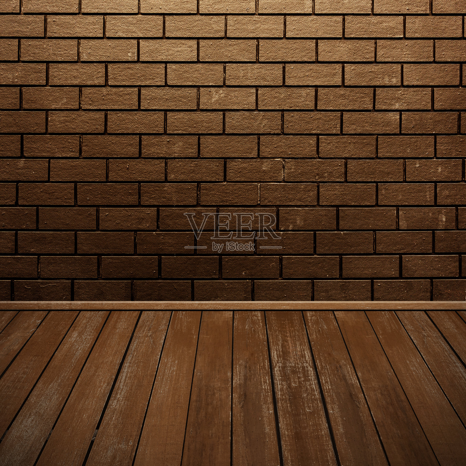 空房间，深棕色砖墙和木地板照片摄影图片