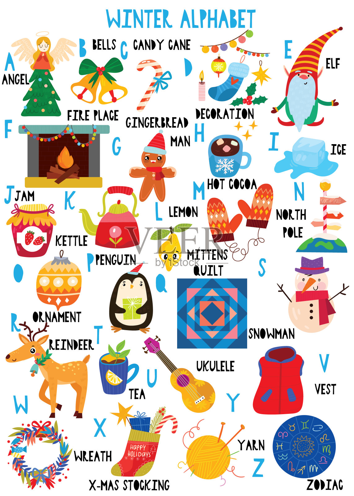 时尚的冬季字母在向量。可爱的动物和物品。最适合儿童教育和语言学习的彩色abc海报。插画图片素材