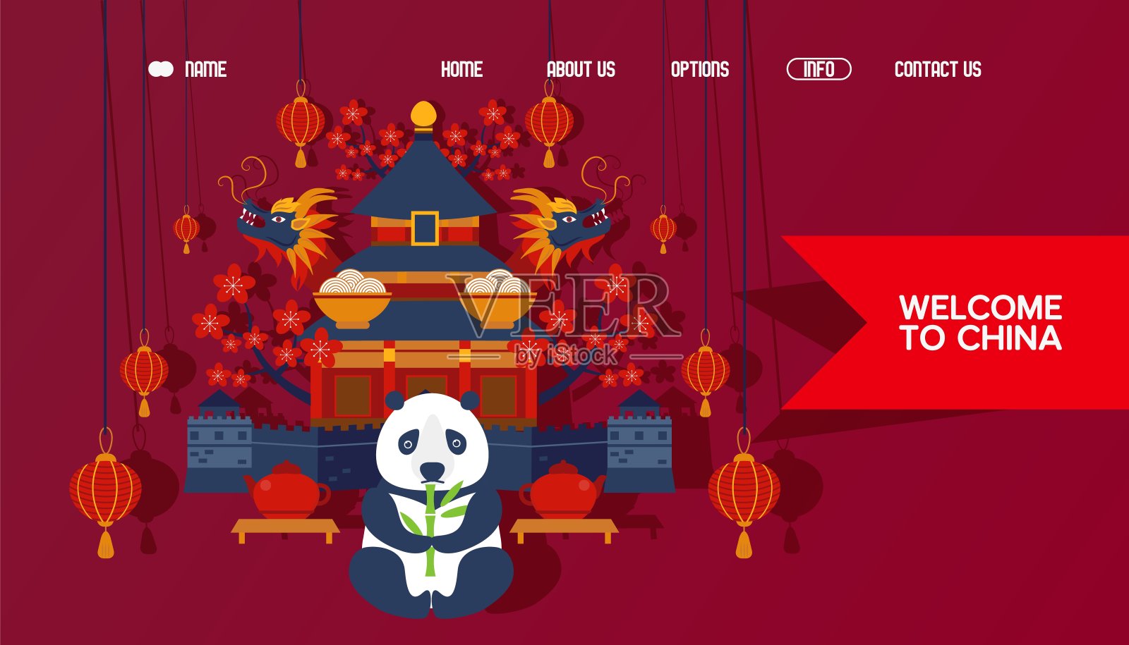 欢迎来到中国登陆页面模板矢量插图与中国传统符号如宝塔，龙，熊猫与竹子。设计模板素材