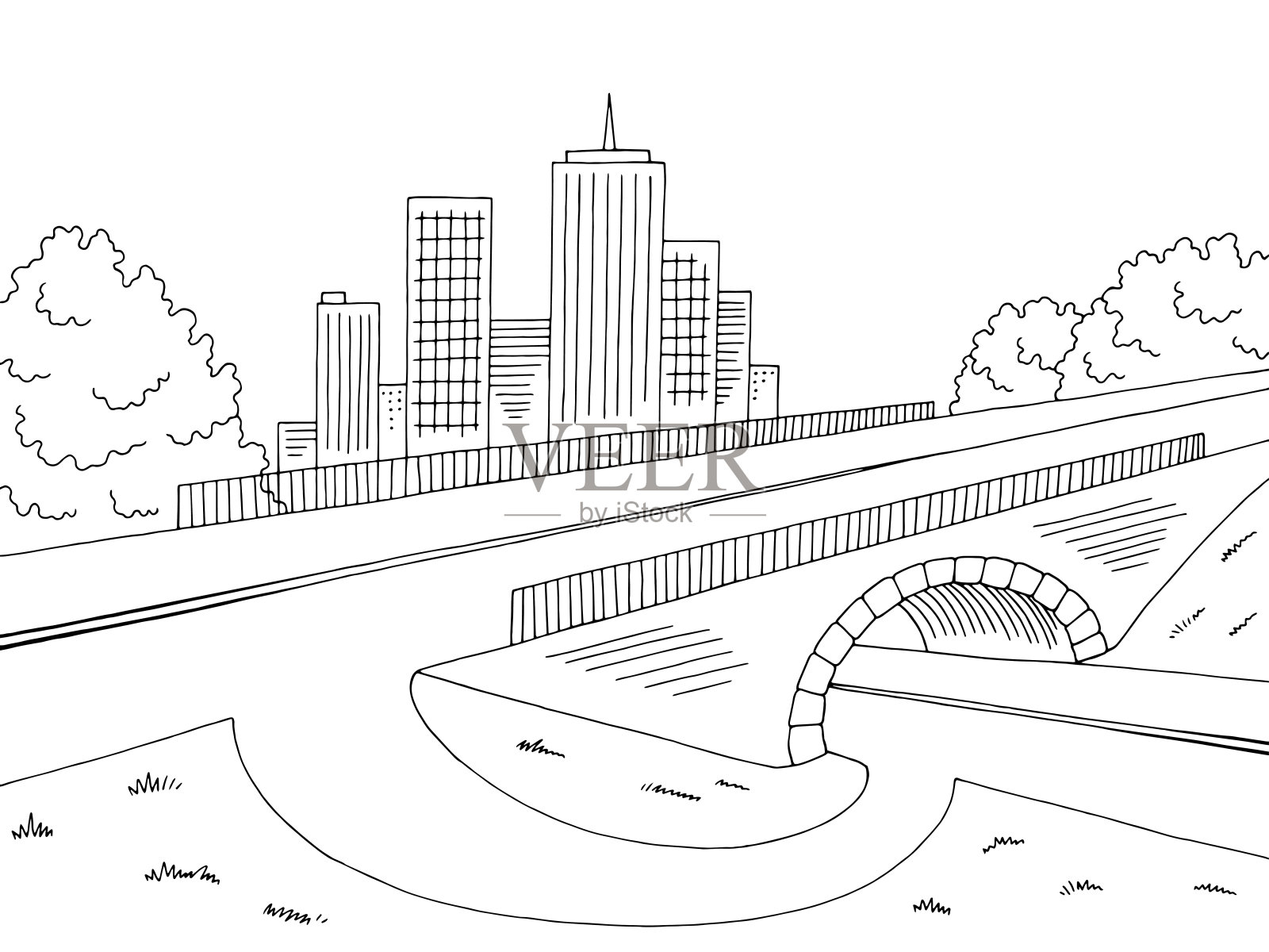 路桥图形黑白景观城市素描插图矢量设计元素图片