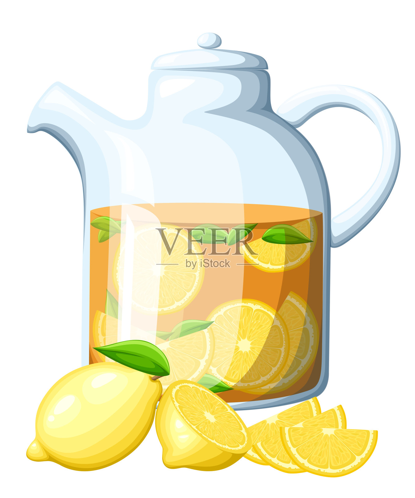 茶与柠檬片在透明水壶新鲜健康饮料矢量插图孤立在白色背景的网站页面和移动应用程序设计插画图片素材
