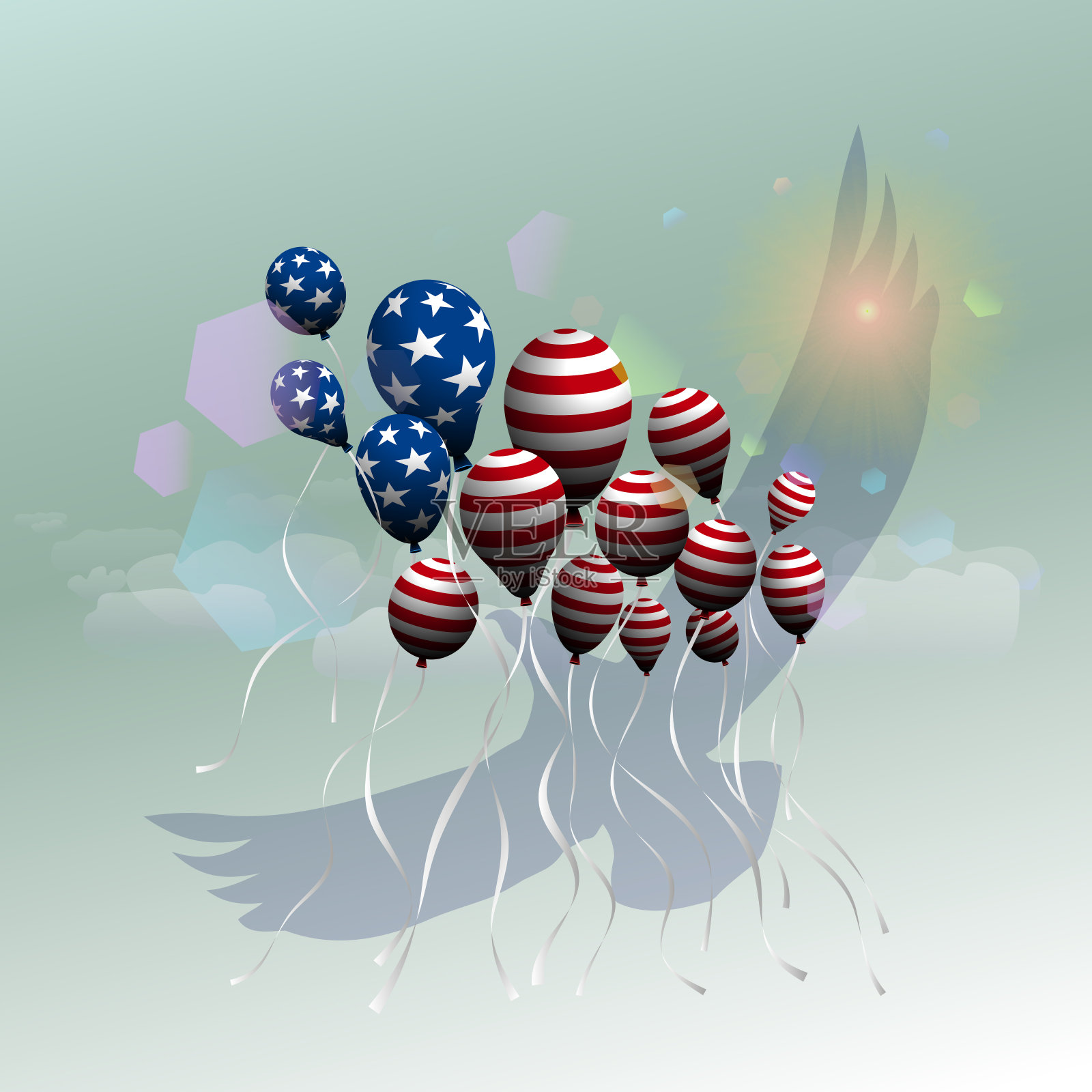 美国独立日。背景以气球的形式的美国国旗。飞翔的气球和雄鹰一起飞了起来。插画图片素材