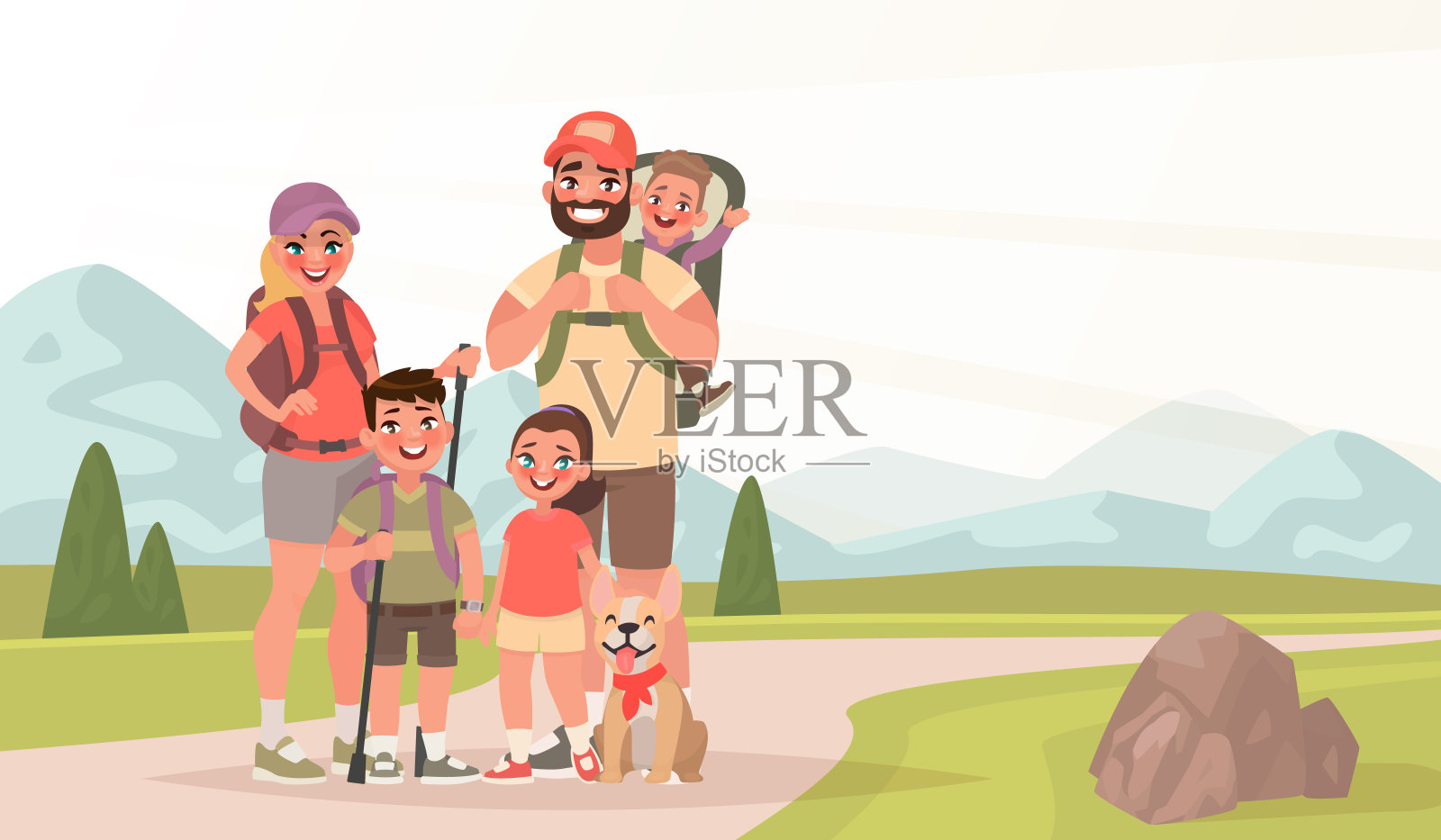 快乐的家庭和远足。爸爸，妈妈和孩子们正在山里旅行。徒步旅行对自然插画图片素材