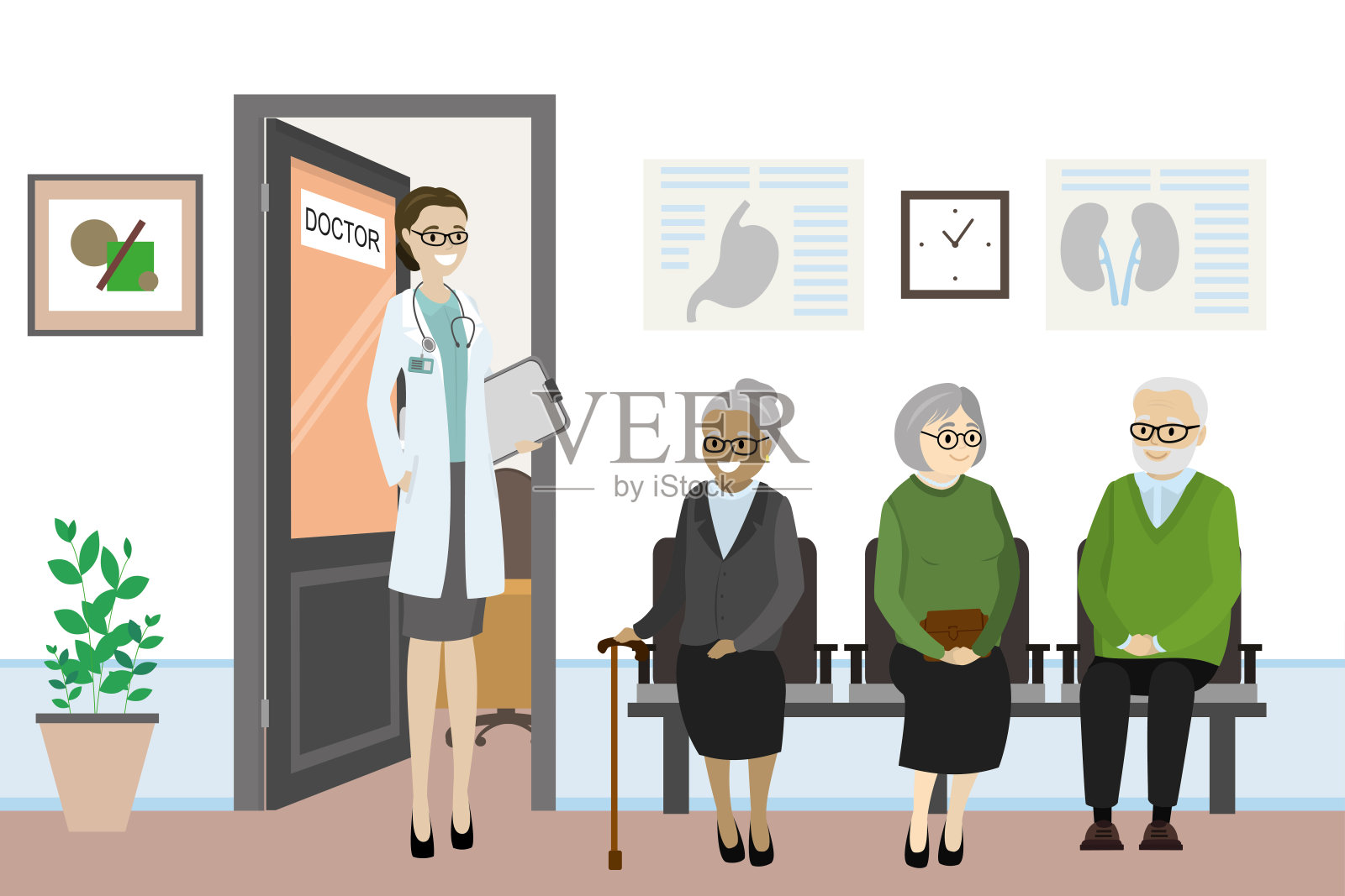 医生办公室的卡通门和老人们在等着。插画图片素材