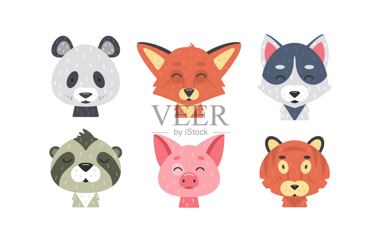 可爱的动物脸向量集。手绘动物角色。狐狸，熊猫，老虎，猪，狼，树懒。哺乳动物的孩子。设计元素图片