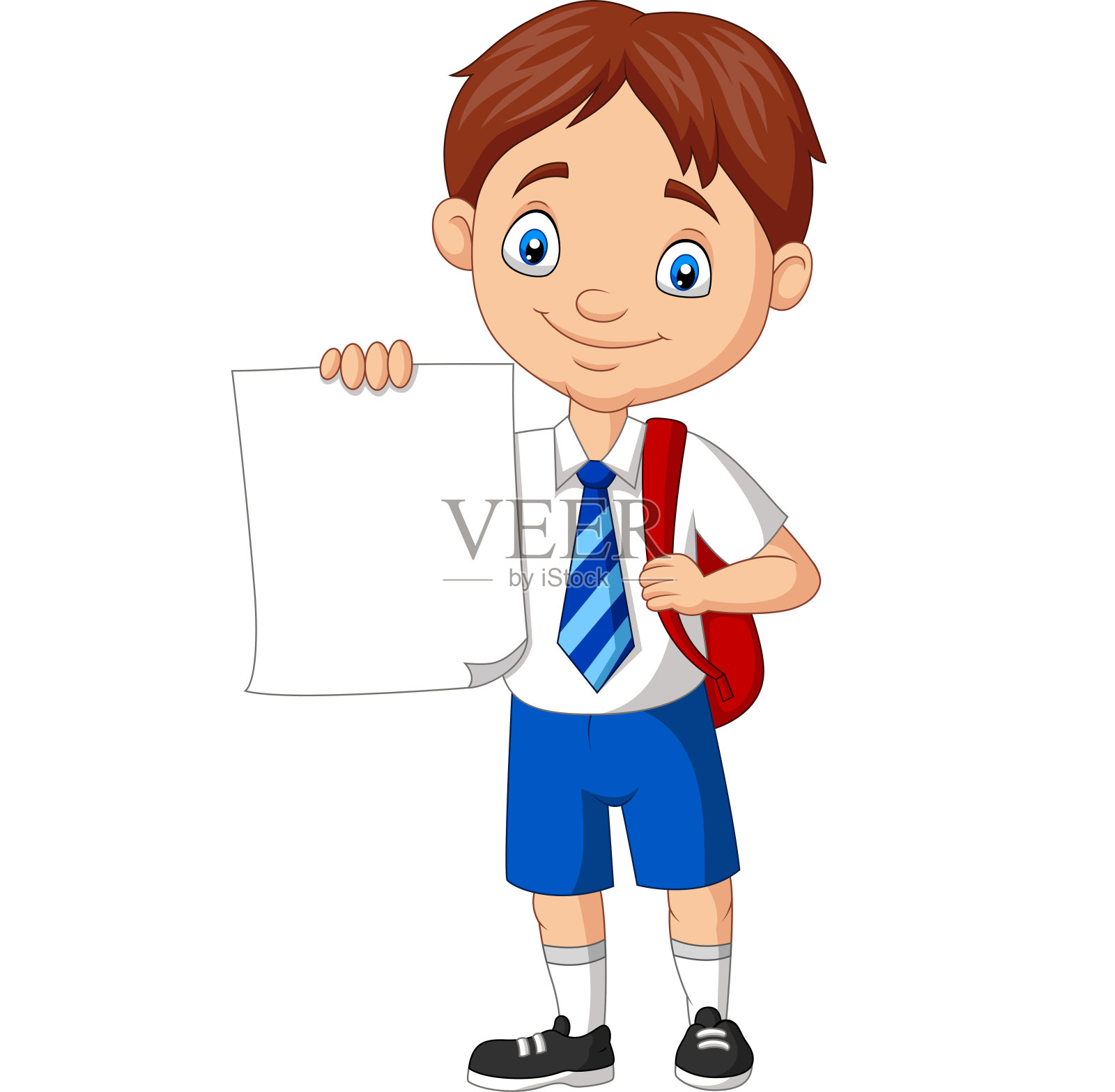卡通学校男孩穿着制服拿着空白纸设计元素图片