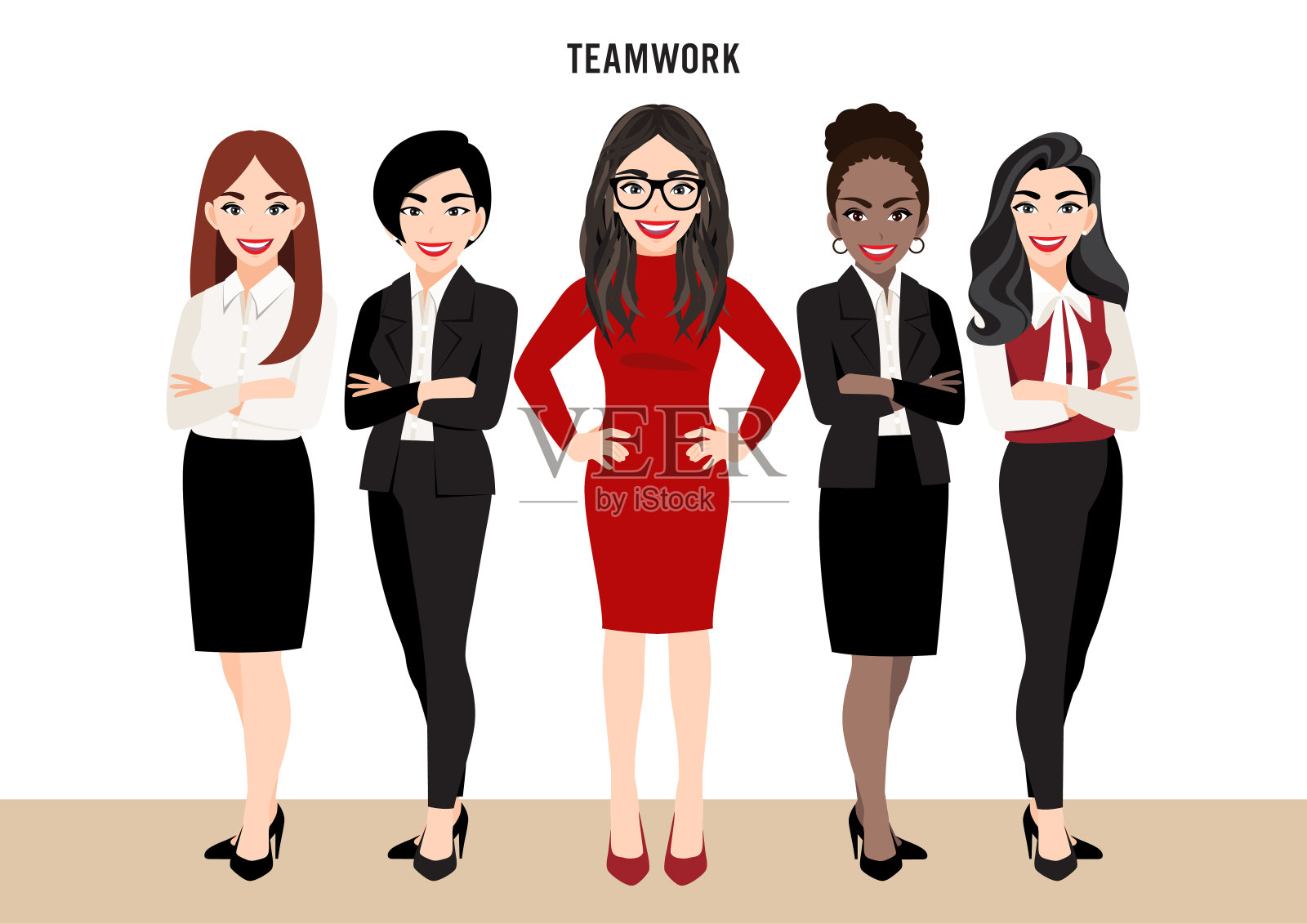 卡通人物与商业团队设置或领导理念与商界女性。矢量插图卡通风格。348插画图片素材