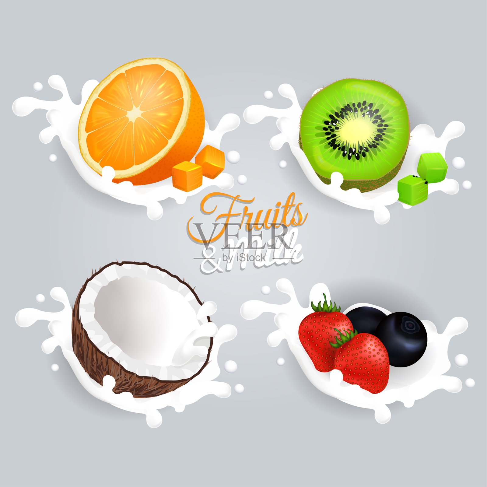 灰色背景下的水果和牛奶集合概念插画图片素材