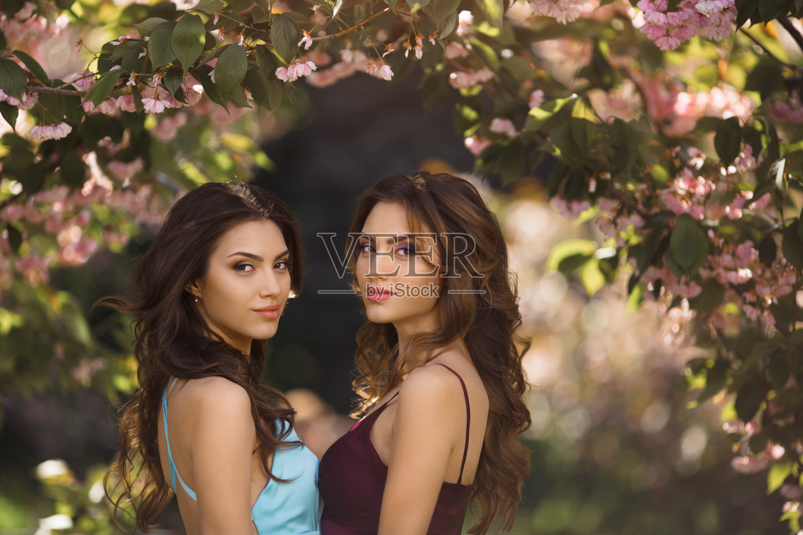 春天美丽的概念。时尚肖像照片的两个女人在盛开的树附近的自然照片摄影图片
