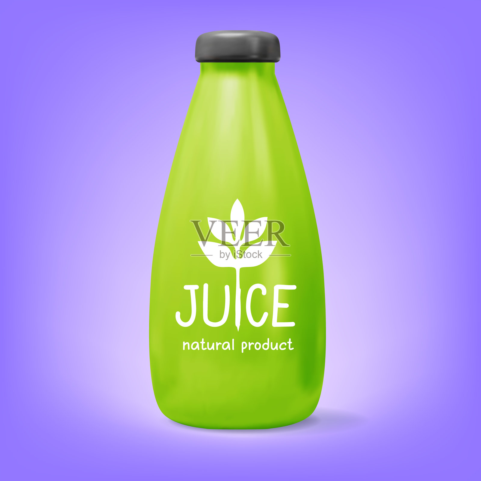 三维矢量模型的塑料现实的绿色瓶子与果汁和阴影在紫色的背景。插画图片素材