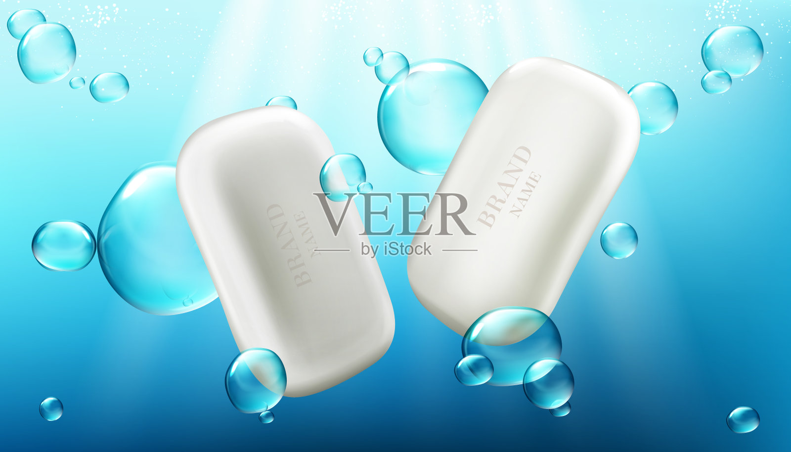 白色的肥皂条在蓝色的背景和气泡插画图片素材