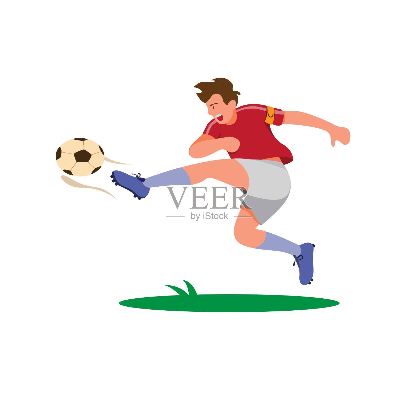 足球运动员踢球队长，射手射门，使目标卡通平面插图矢量孤立在白色背景设计元素图片