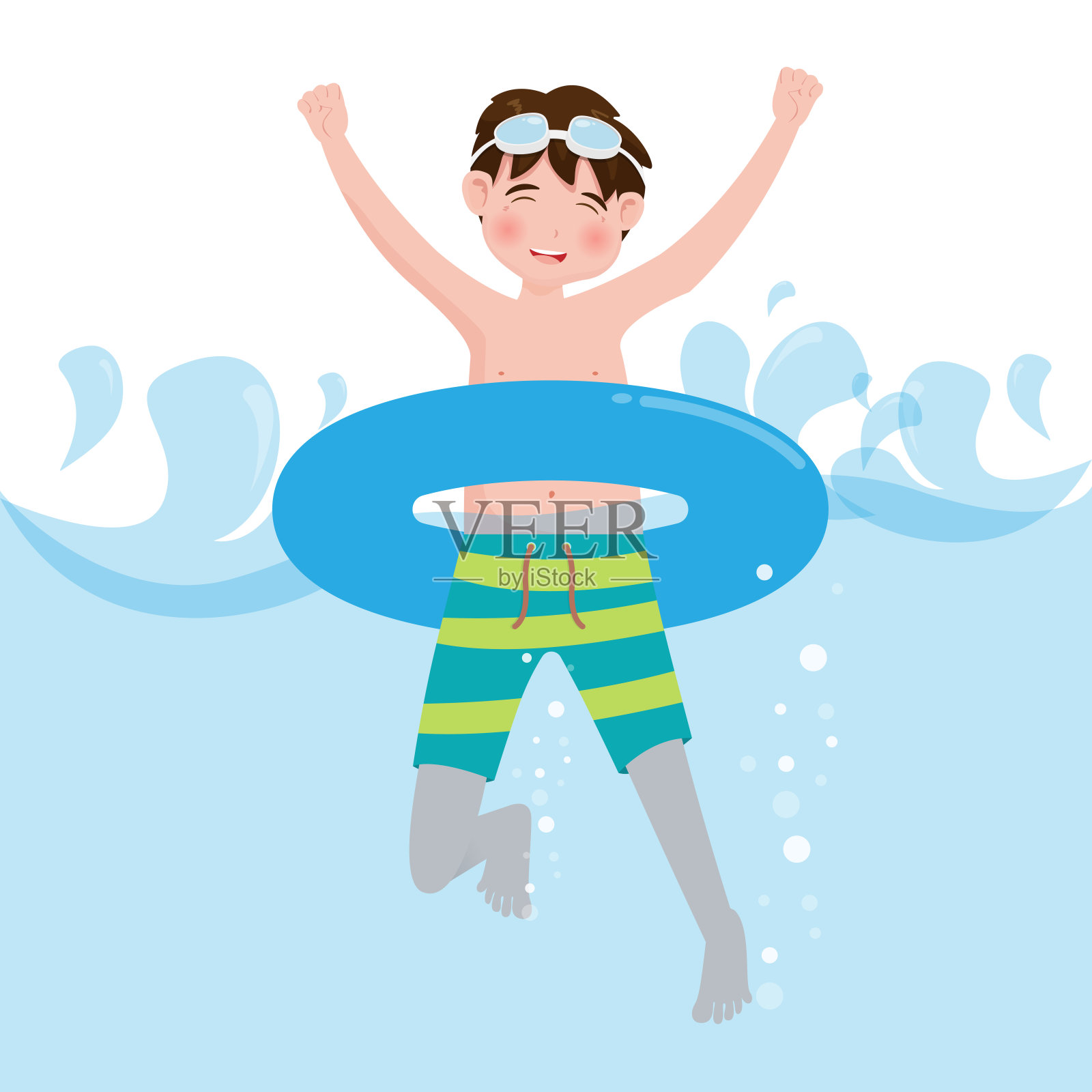 小男孩游泳在游泳池的背景。矢量插图在卡通人物扁平风格。插画图片素材
