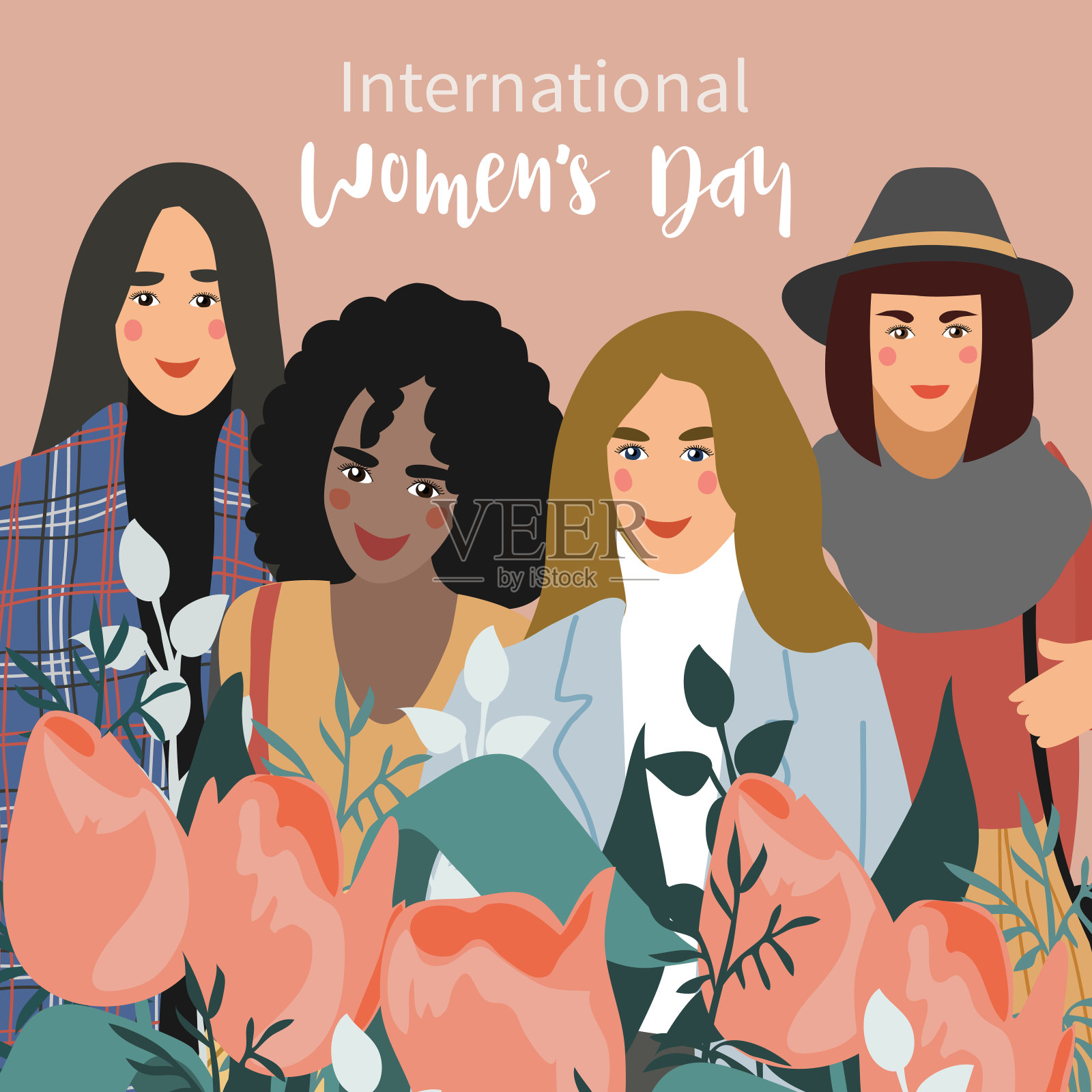 国际妇女日。不同肤色和花朵的女人。平面向量插图插画图片素材