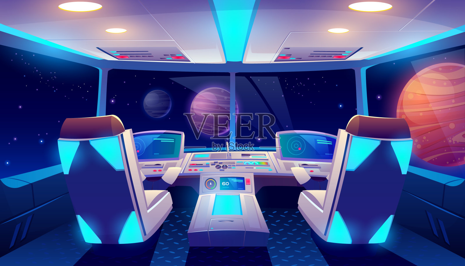 宇宙飞船座舱内部空间和行星视图插画图片素材