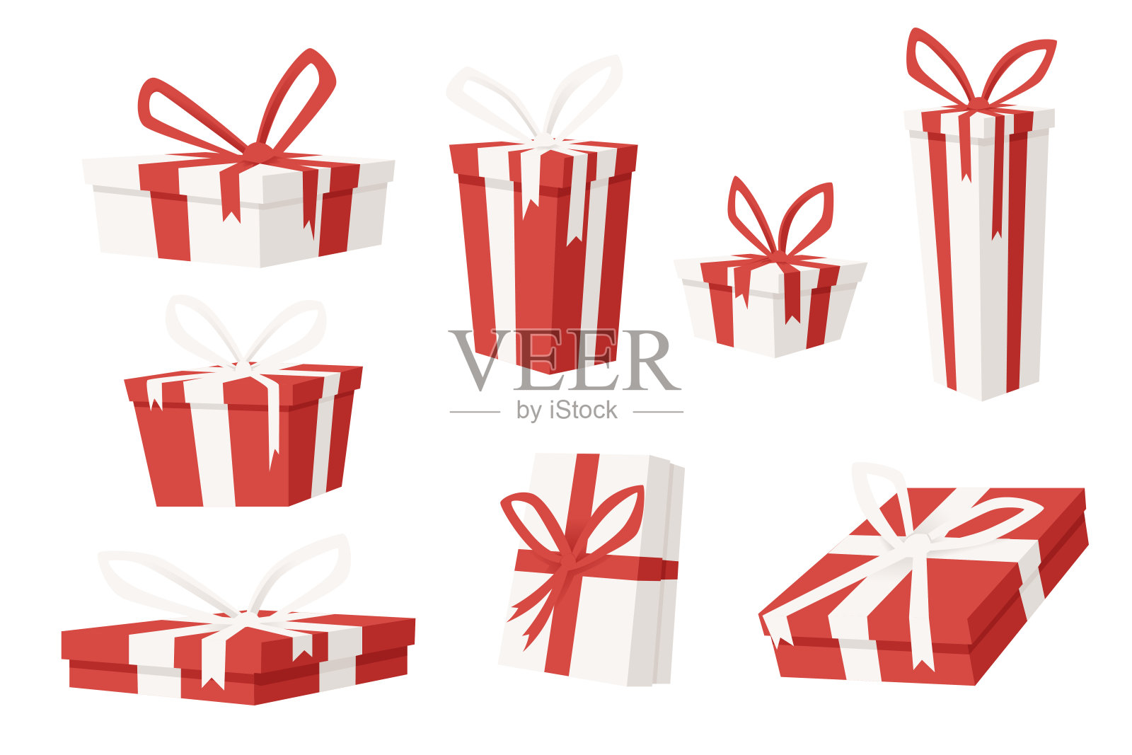 一套白色和红色礼盒与丝带扁平纸板和纸盒与不同的形状扁平矢量插图孤立在白色背景设计元素图片