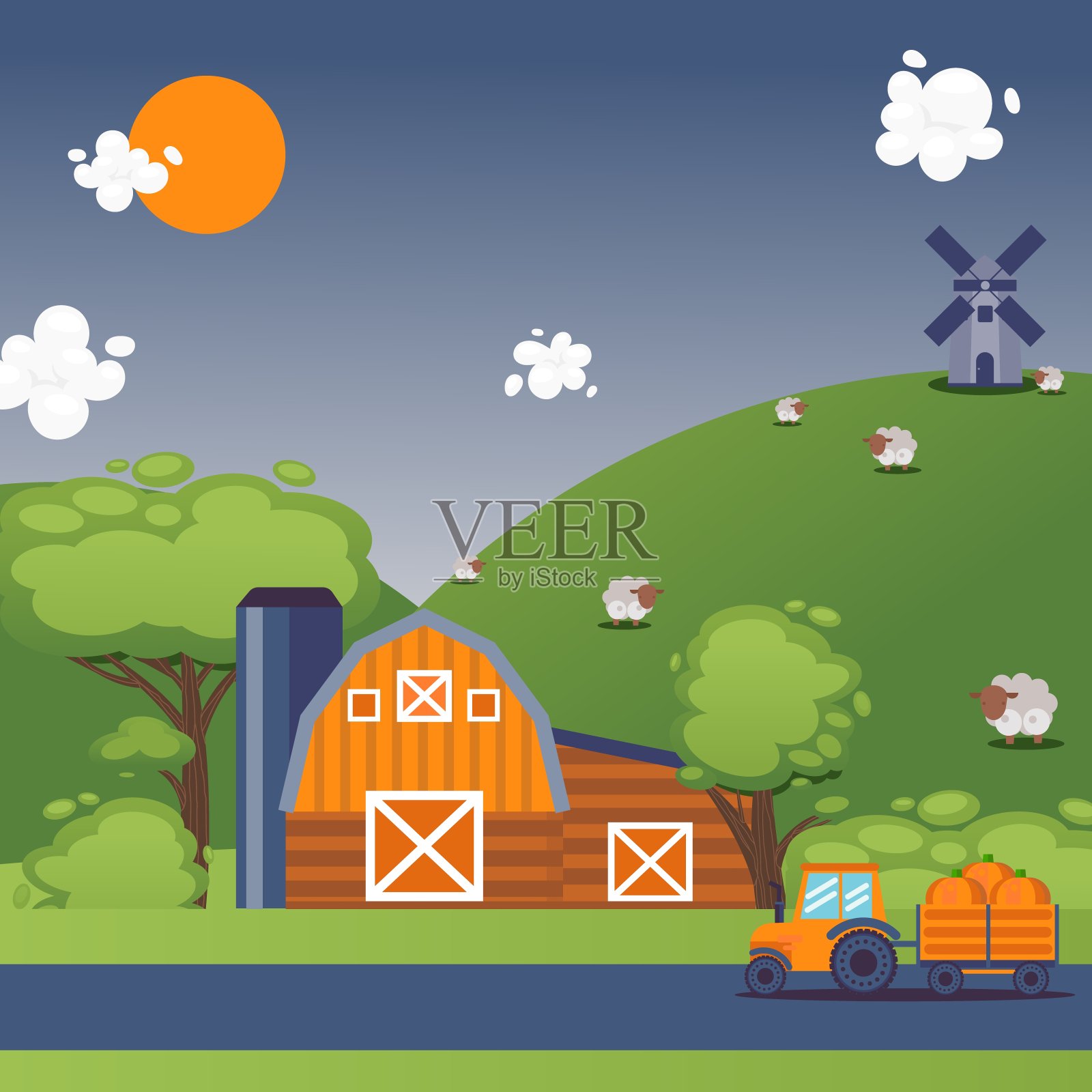 农田夏季景观，矢量插图。宁静的乡村景色，农场谷仓，拖拉机，风车和放牧的羊在山上。平面风格的卡通乡村景观插画图片素材
