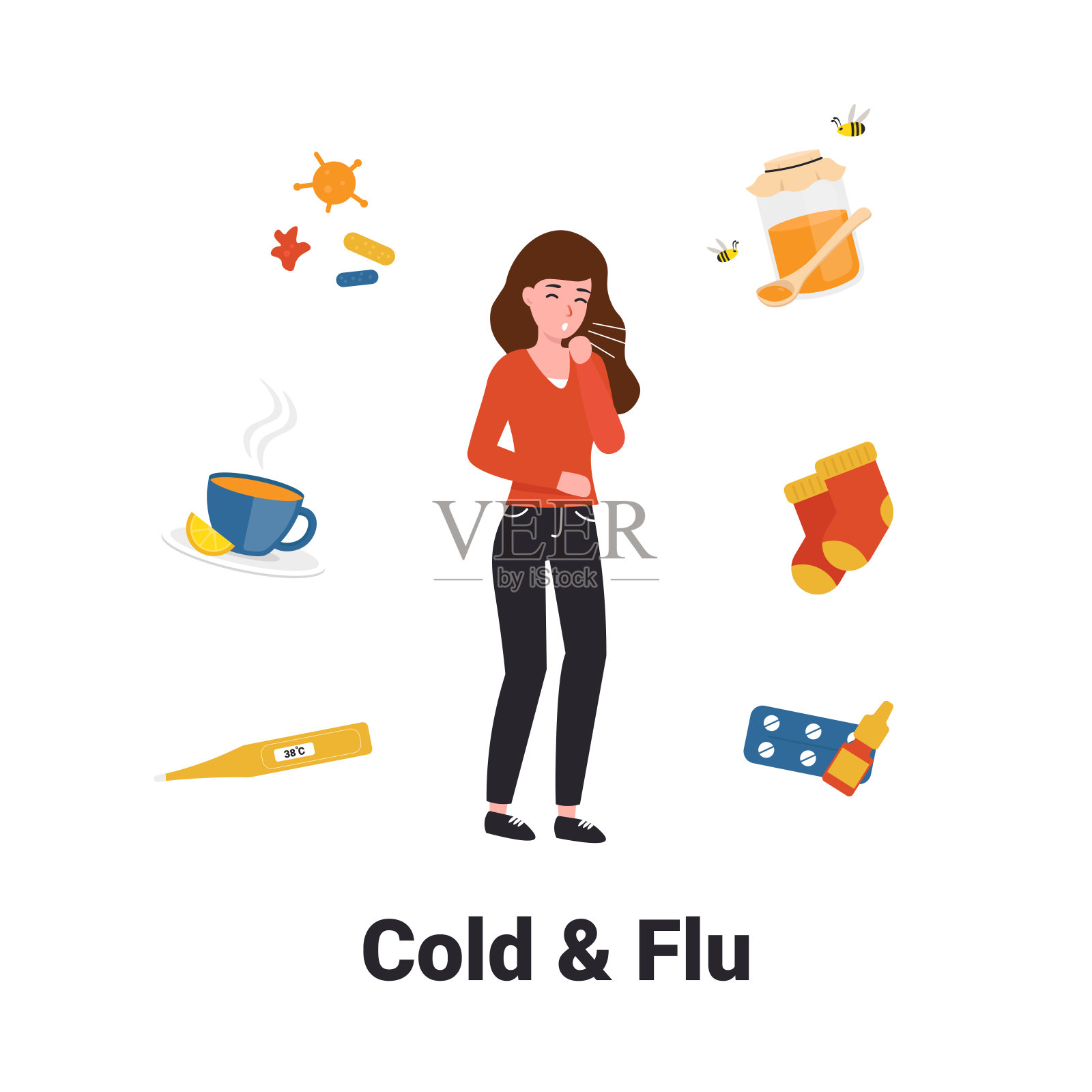 感冒和流感物体，女孩咳嗽设计元素图片