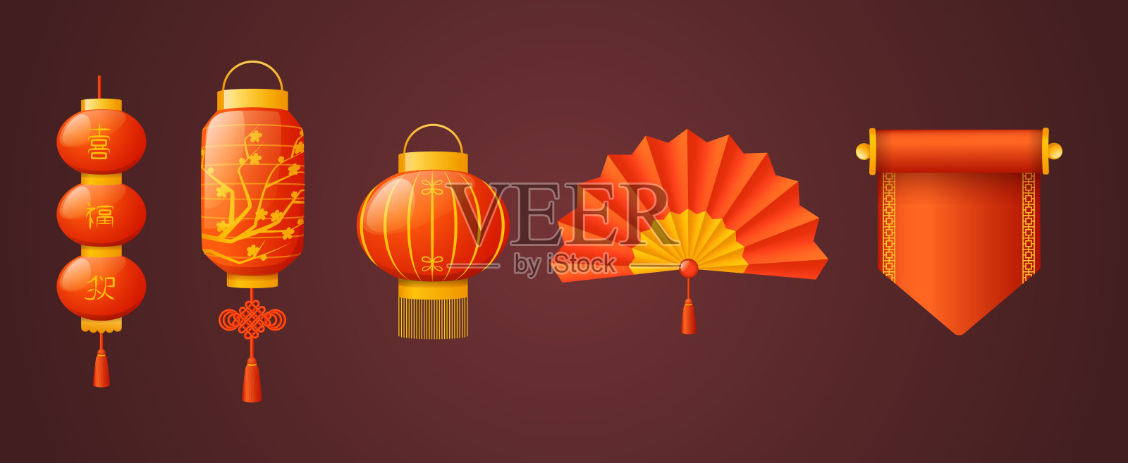 中国传统新年用不同的灯笼、卷轴、扇子。插画图片素材