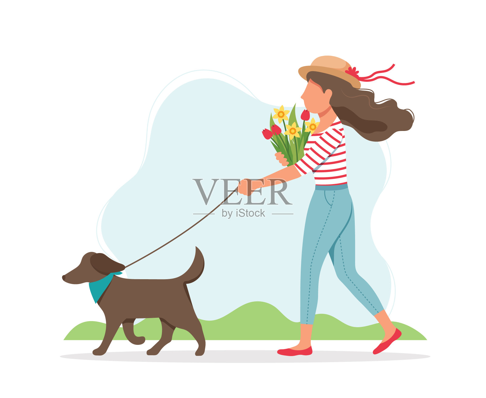 一个女人在春天遛狗，带着鲜花。可爱的矢量插图在平面风格设计元素图片