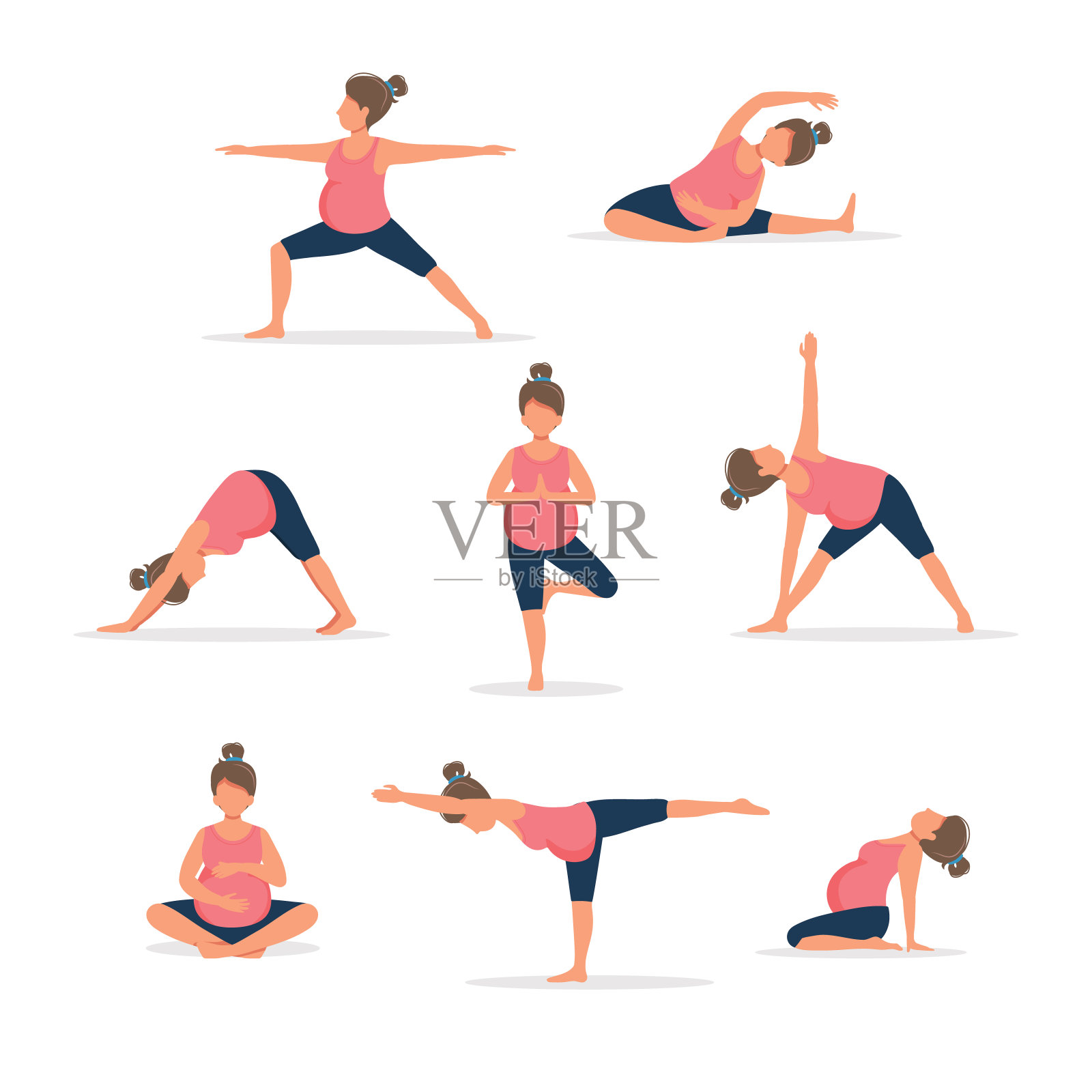 孕妇练习瑜伽，摆不同姿势。健康的怀孕。矢量插图在平面风格插画图片素材