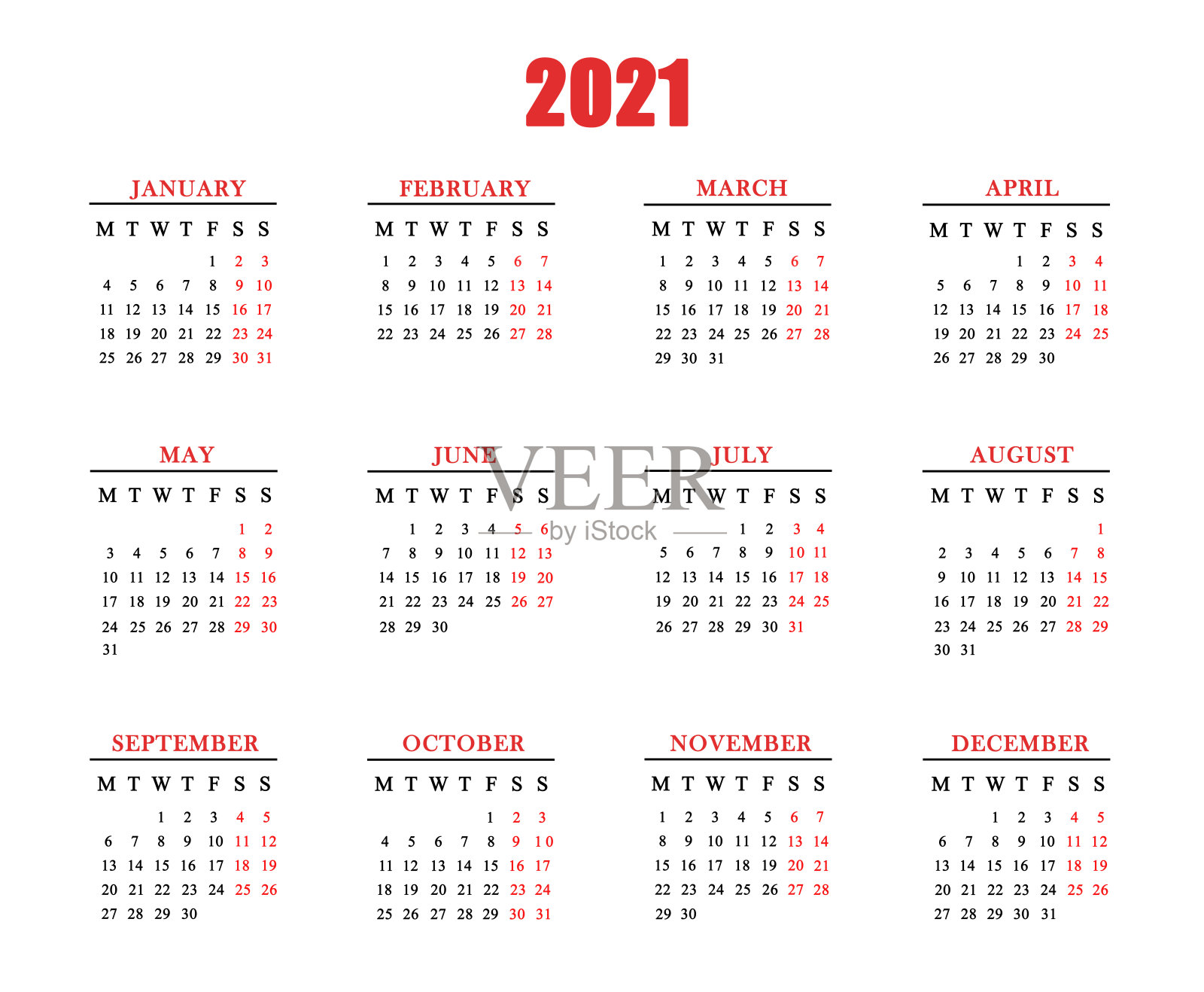 白色背景的2021年日历。设计模板素材