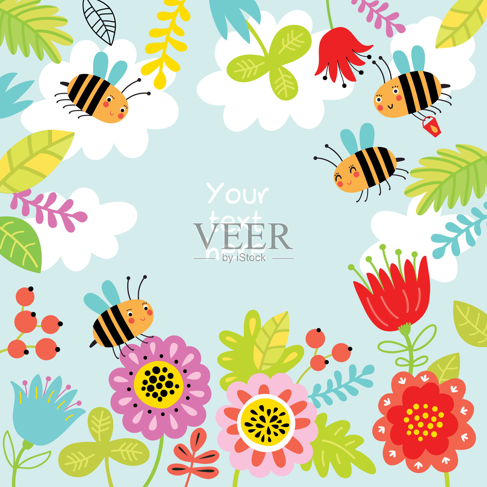 可爱的插图花卉背景与蜜蜂。插画图片素材