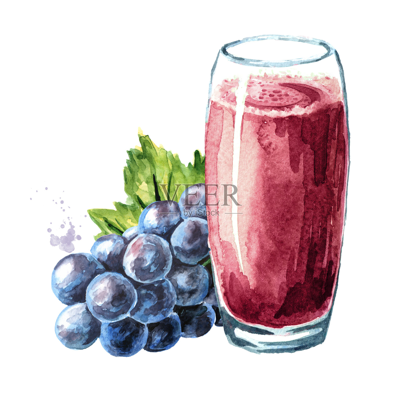 一杯蓝色葡萄汁。手绘水彩水平插图孤立的白色背景设计元素图片
